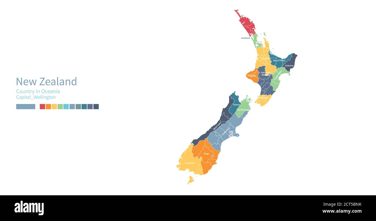 Neuseeland-Karte. Farbenfrohe detaillierte Vektorkarte von Ozeanien, südpazifik Land. Stock Vektor