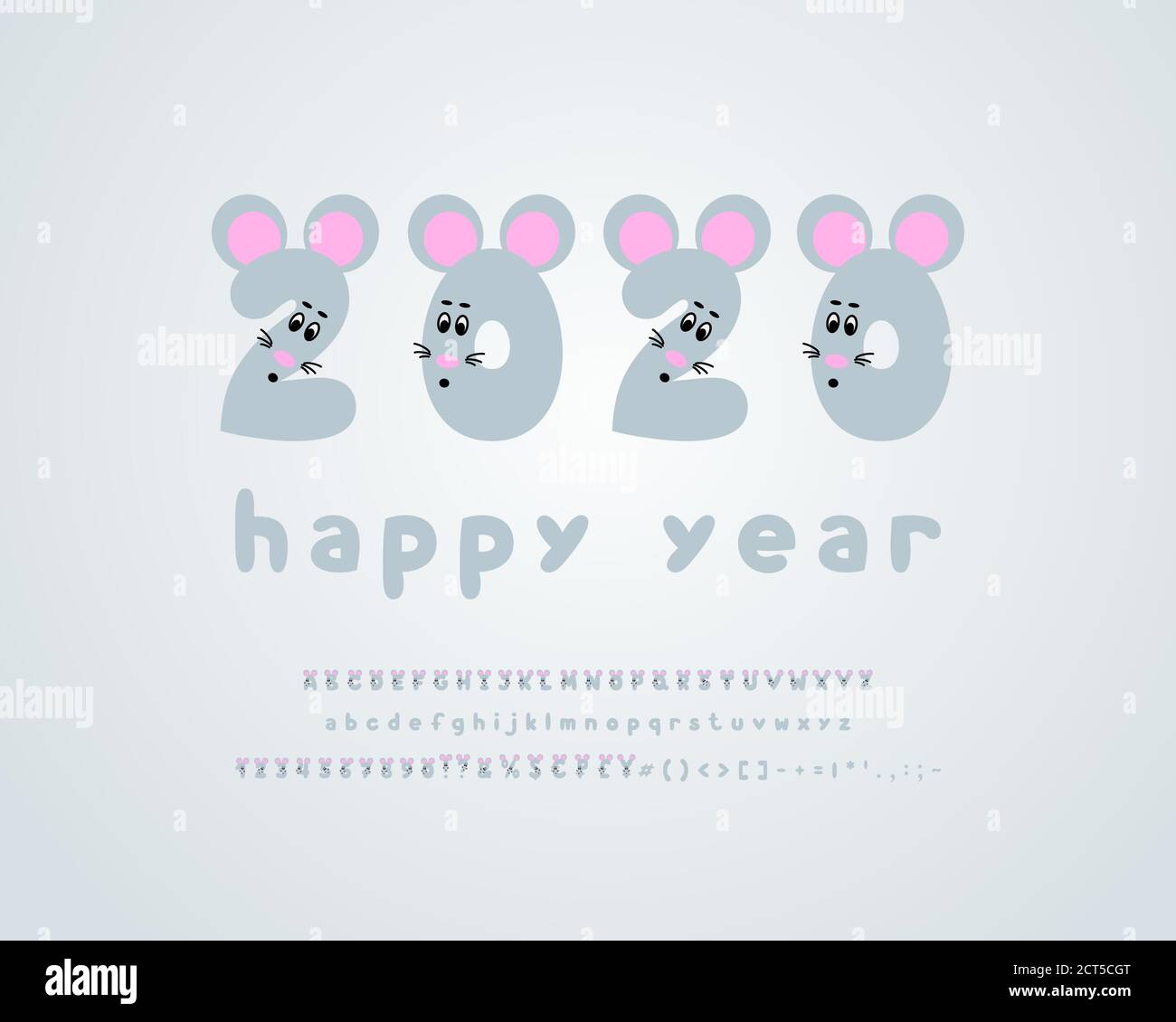 Maus Ratte lustige Alphabet. Zeichentrickvektorschrift eingestellt. Großbuchstaben und Zahlen mit niedlichen Tiergesichtern. Grußkarte: 2020 glückliches Jahr. Stock Vektor