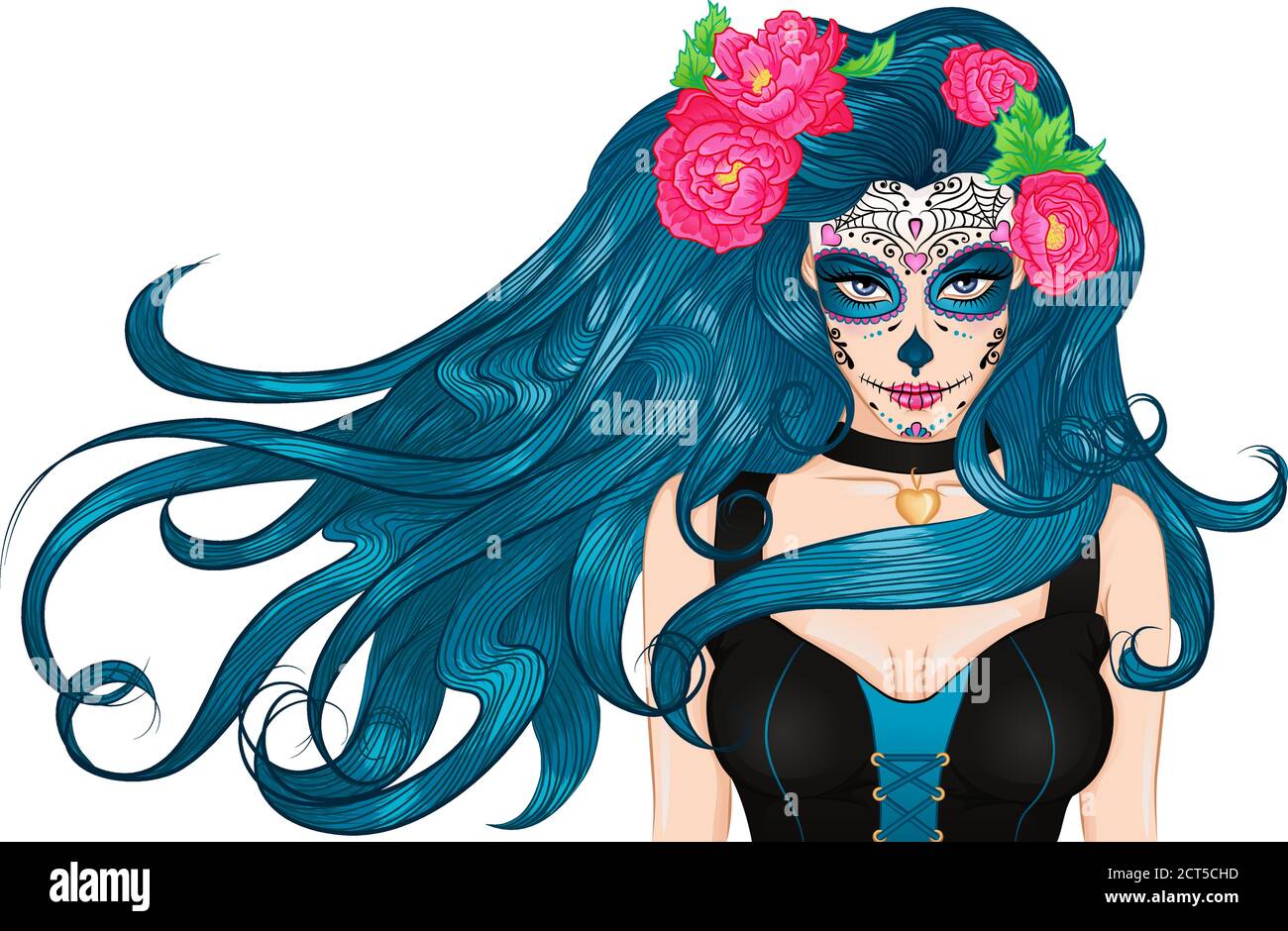 Mädchen mit Make-up mexikanische Zucker Schädel und Blumen in lang Haar.die Figur für den mexikanischen Tag der Toten Dia De los Muertos oder Halloween Stock Vektor