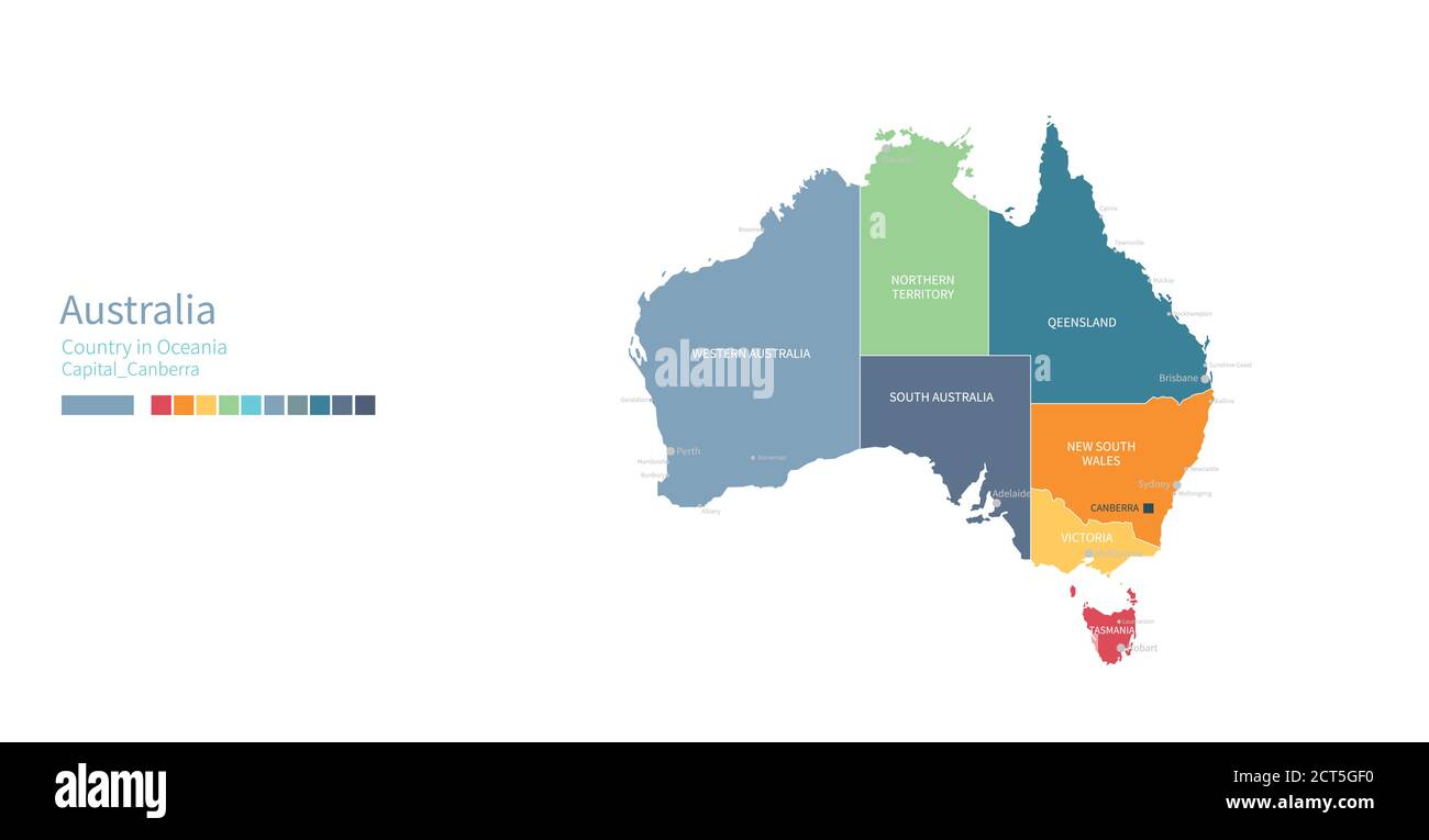 Australien-Karte. Farbenfrohe detaillierte Vektorkarte von Ozeanien, südpazifik Land. Stock Vektor