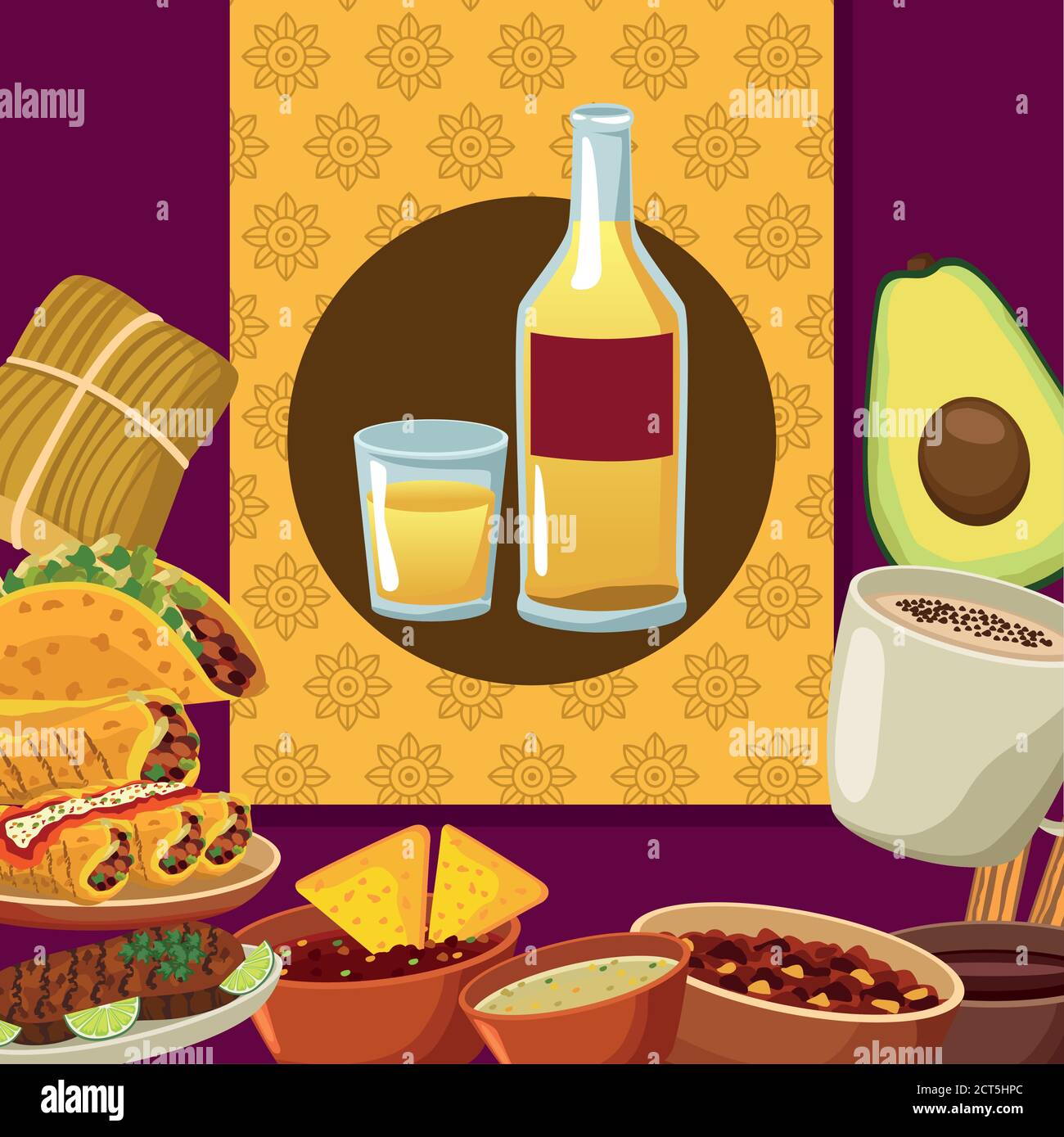 mexikanisches Essen und Tequila Flasche Set Icons Vektor Illustration Design Stock Vektor