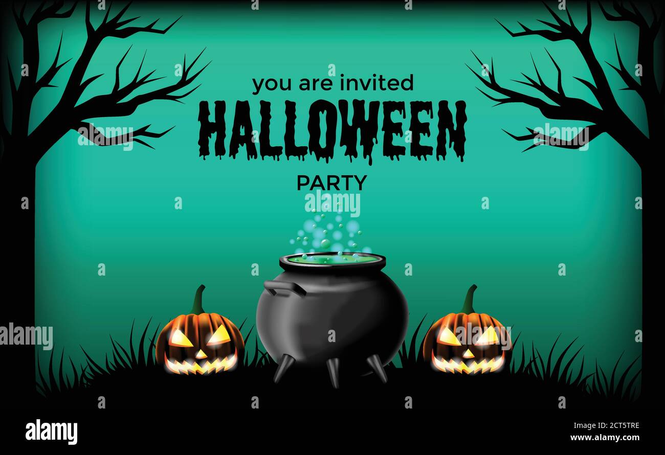 Halloween Party Einladung mit Kürbis Jack o Laterne mit grün Trank im Topf Stock Vektor