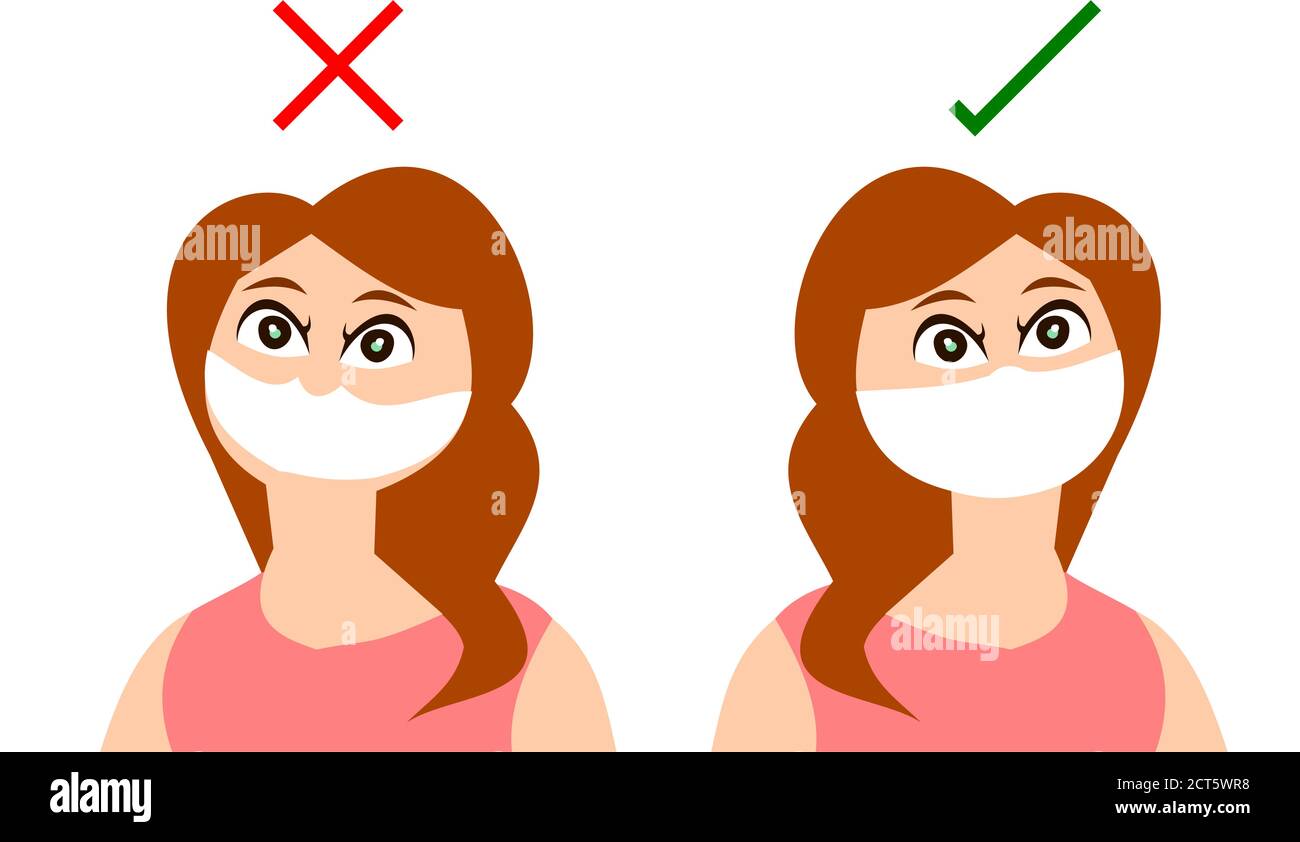 Was zu tun ist und was nicht tun Wenn Sie eine Gesichtsmaske tragen, eine Frau, die eine Maske unangemessen trägt, weil ihre Nase nicht bedeckt war Stock Vektor