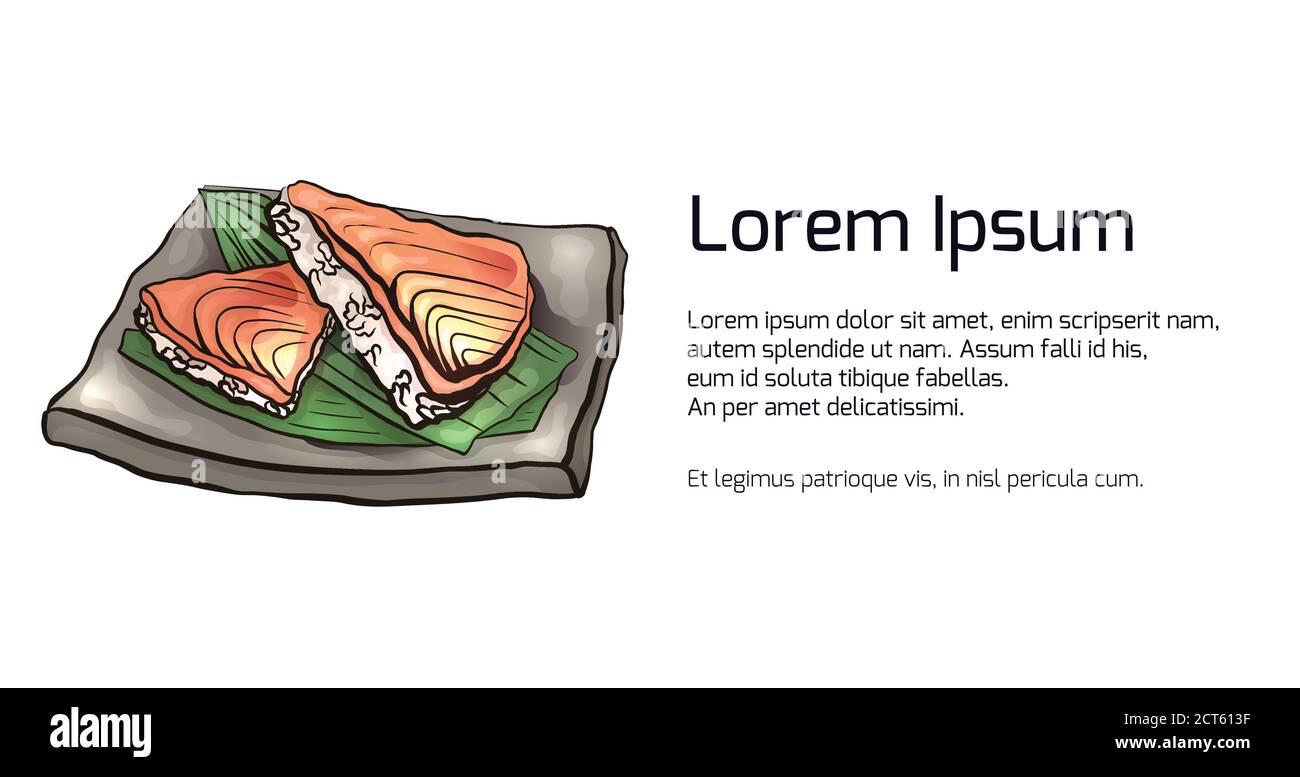 Horizontales Banner mit Färbung Cartoon-Illustration von japanischen Lebensmitteln mit Reis und Lachs auf dem Teller. Vektor-Vorlage für Menüs, Karten, Rezepte und yo Stock Vektor