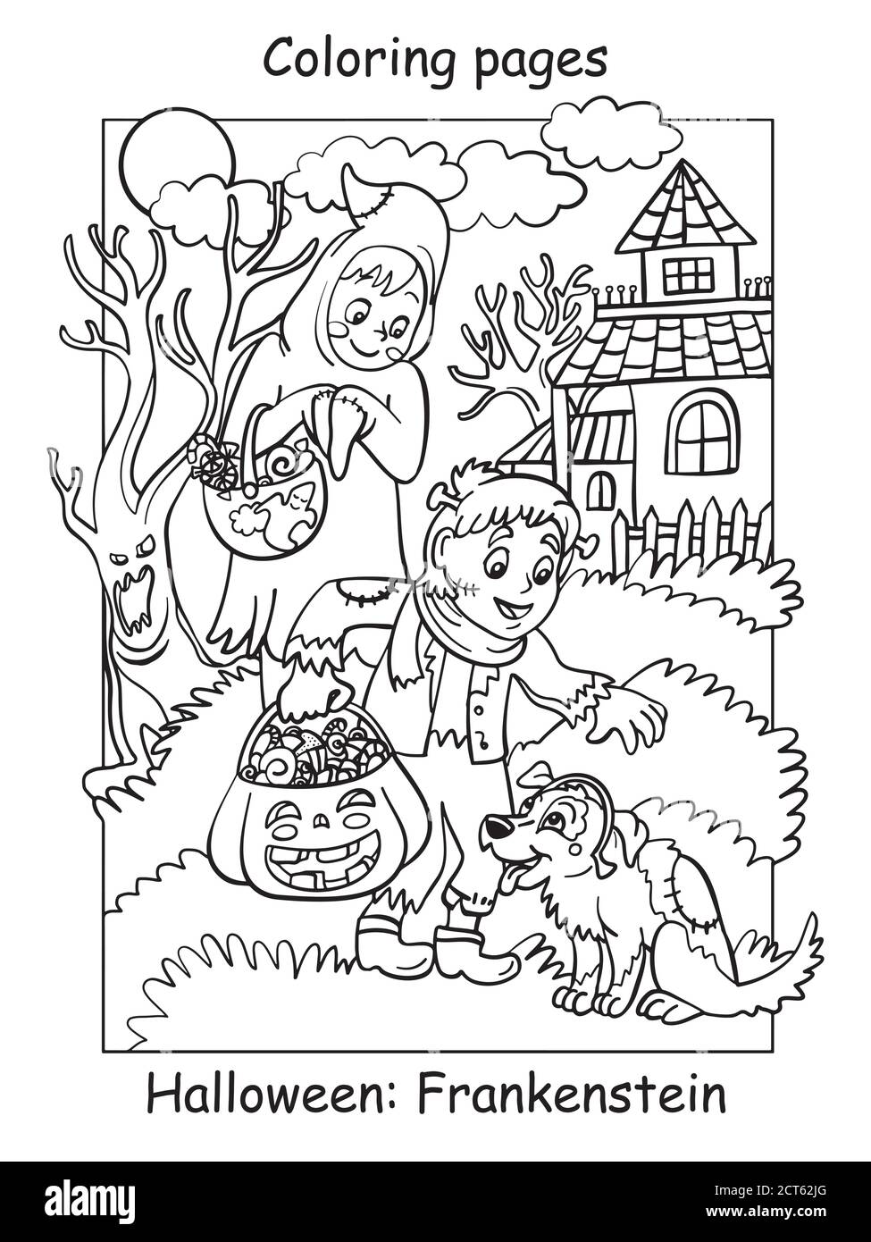 Vektor Malvorlagen Kinder in Kostümen von Geist und frankenstein patzte den Hund. Halloween-Konzept. Cartoon Illustration isoliert auf weiß. Colori Stock Vektor