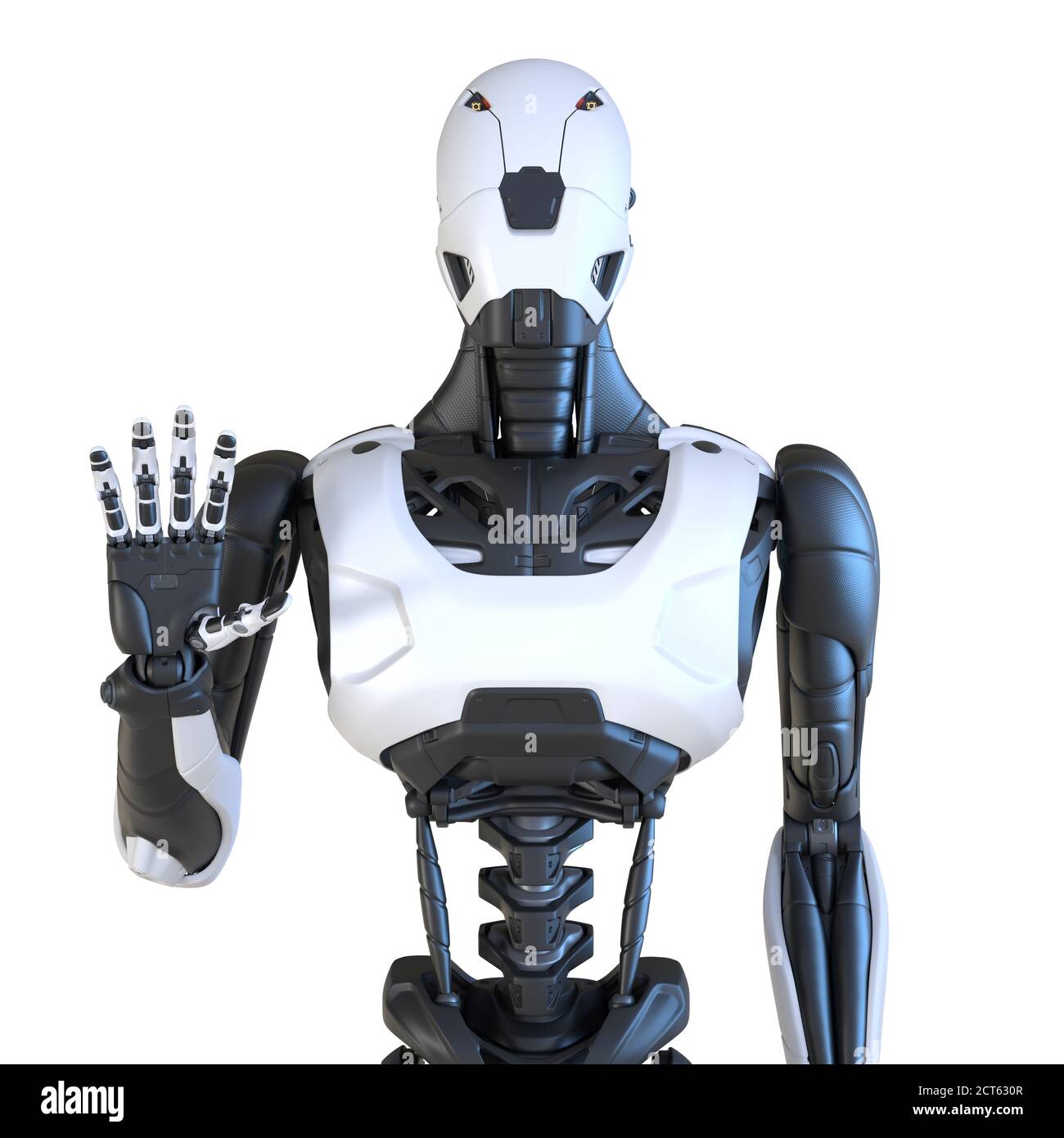 Roboter gestikulieren mit seiner Hand . Isoliert auf Weiß. 3D-Illustration Stockfoto