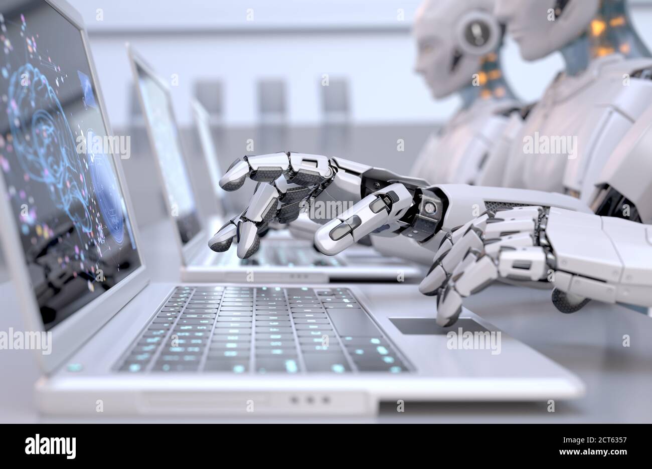 Roboter, die mit Laptops arbeiten. 3D-Illustration Stockfoto