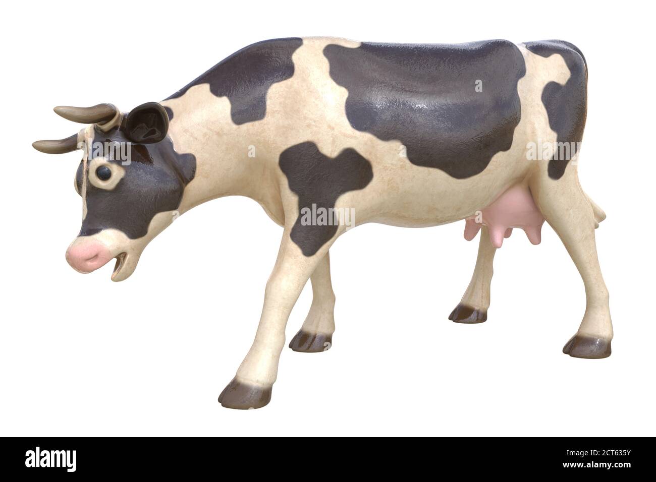 Keramikstatue der Kuh isoliert auf weiß. 3D-Illustration Stockfoto