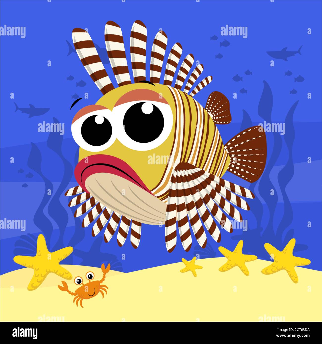 Cute Baby Löwenfisch Cartoon Illustration, auch bekannt als pterois mombasae, Glühwürmchen oder Frispenkeyfish. Mit Blasen und unter dem Meeresgrund. D Stock Vektor