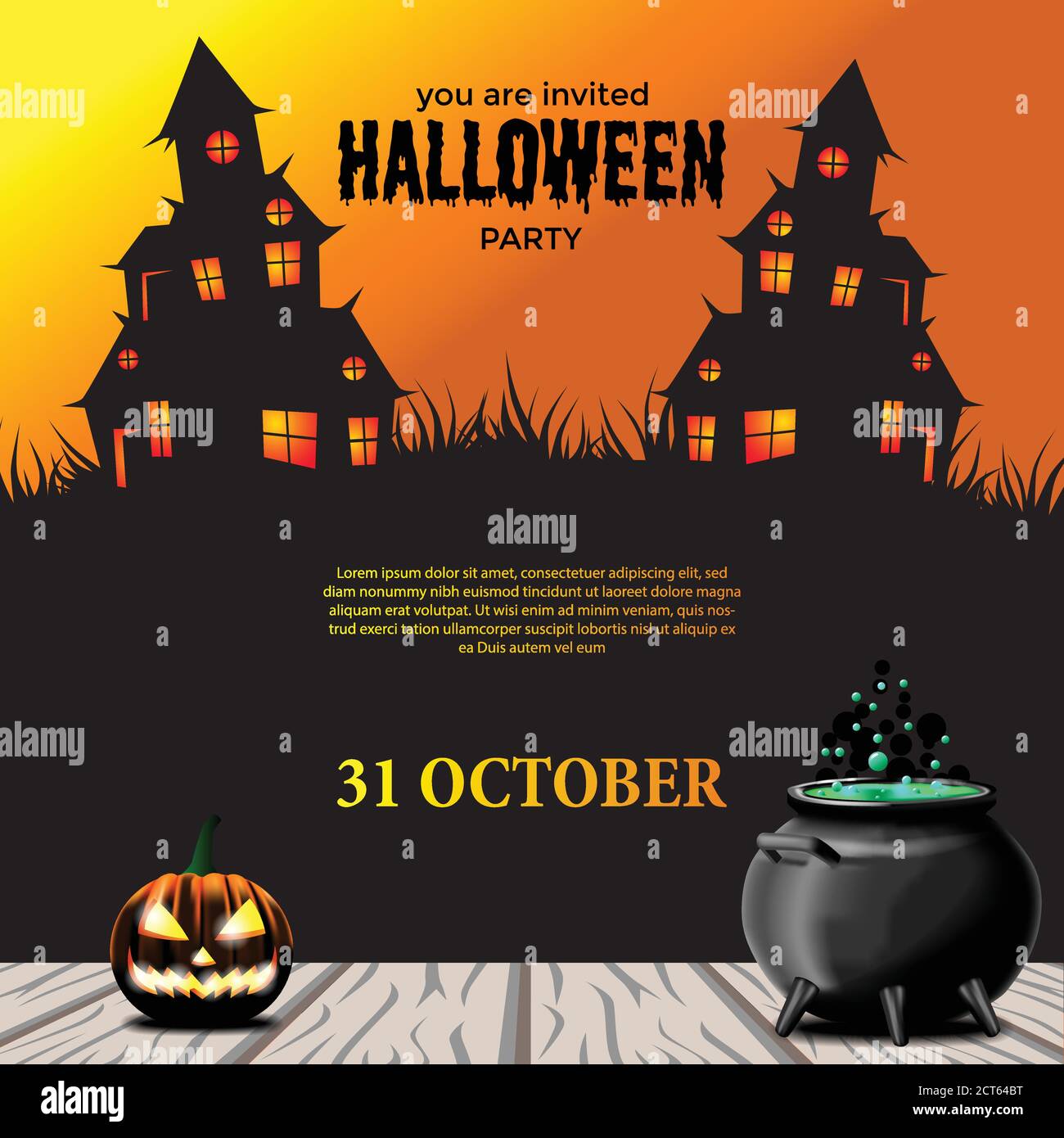 Halloween Party Einladung Vorlage mit Illustration gruselig Haus mit Jack o  Laterne und Trank im Topf Stock-Vektorgrafik - Alamy
