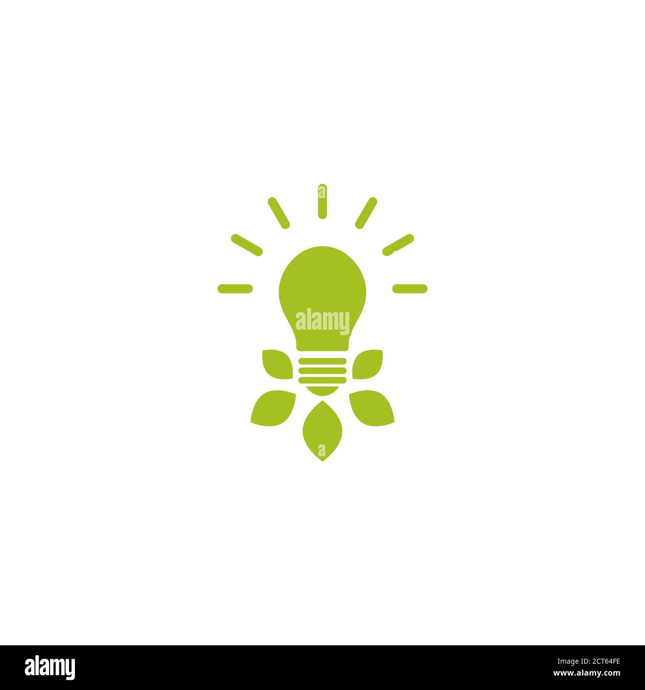 Grün leuchtende Glühbirne mit grünen Blättern und Lichtstrahlen. Isoliert auf Weiß. Symbol mit flacher Kontur. Vektorgrafik. Gehen Sie grün. Umweltfreundlich. Umwelt weltweit Stock Vektor