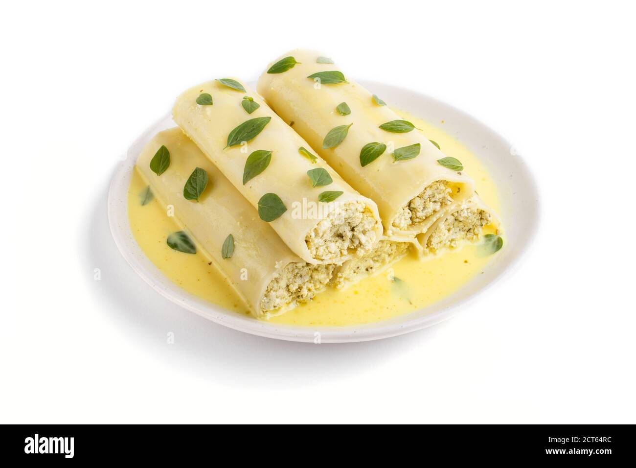 Cannelloni Pasta mit Ei-Sauce, Frischkäse und Oregano Blätter isoliert auf weißem Hintergrund. Seitenansicht, close up. Stockfoto