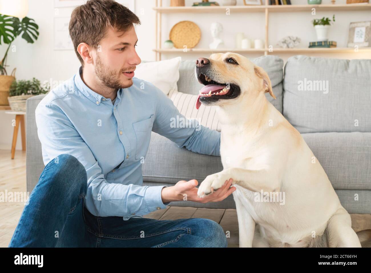 Junger Mann spielt mit Hund zu Hause Stockfoto