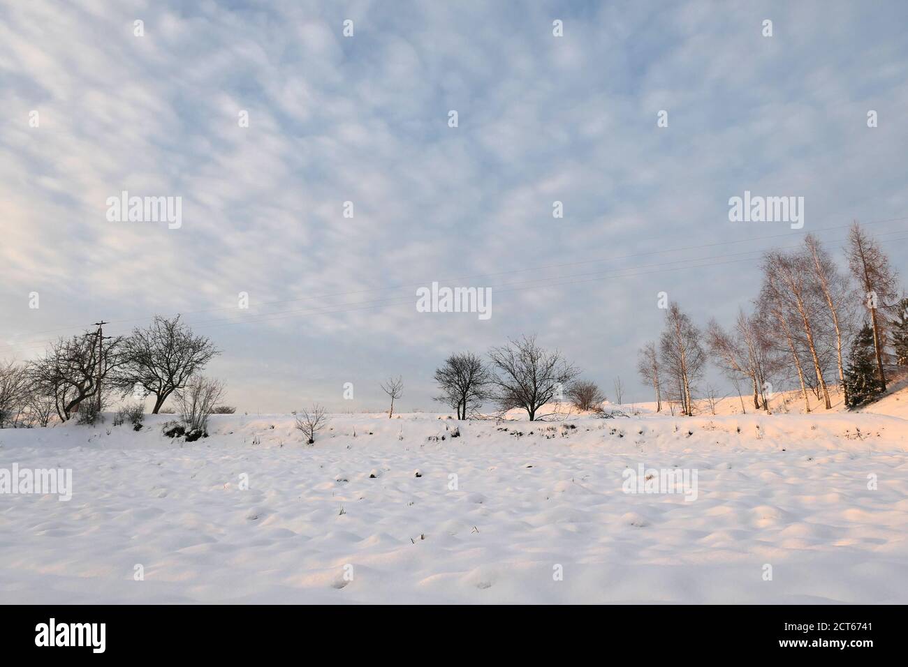 Ländliche Landschaft im Schnee, Winterblick. Stockfoto