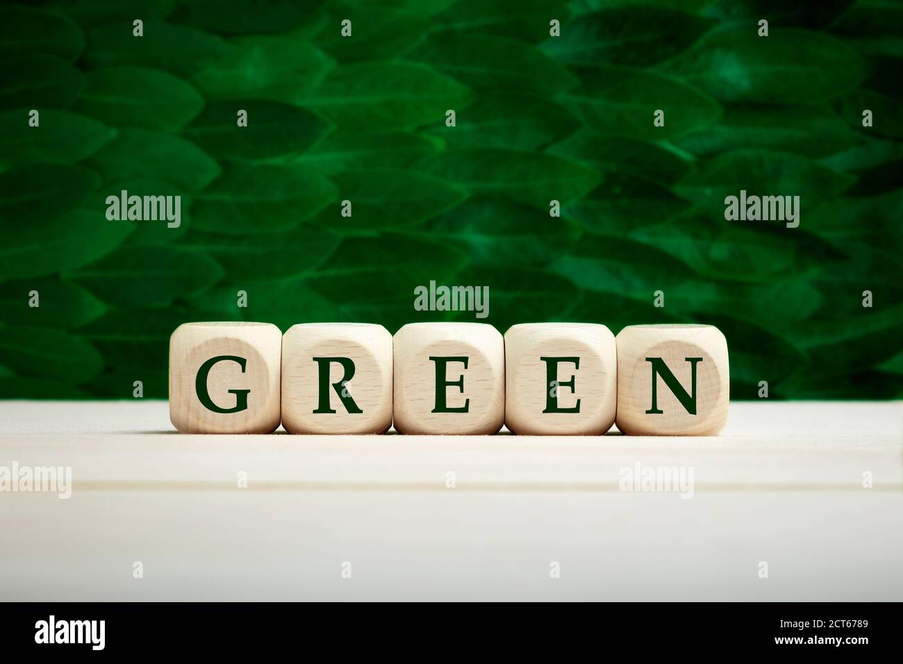 Das Wort grün auf Holzwürfeln vor grünem Blatthintergrund. Umweltschutz oder GO Green Konzept. Stockfoto