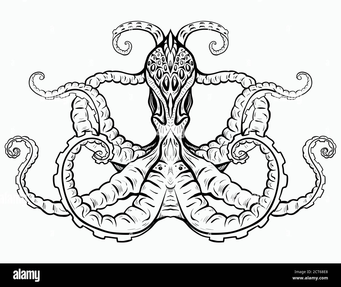 Kontur schwarz-weiß Illustration von Oktopus. Das Objekt ist vom Hintergrund getrennt. Lineare Illustration für den Druck auf T-Shirts, Covers, ske Stock Vektor