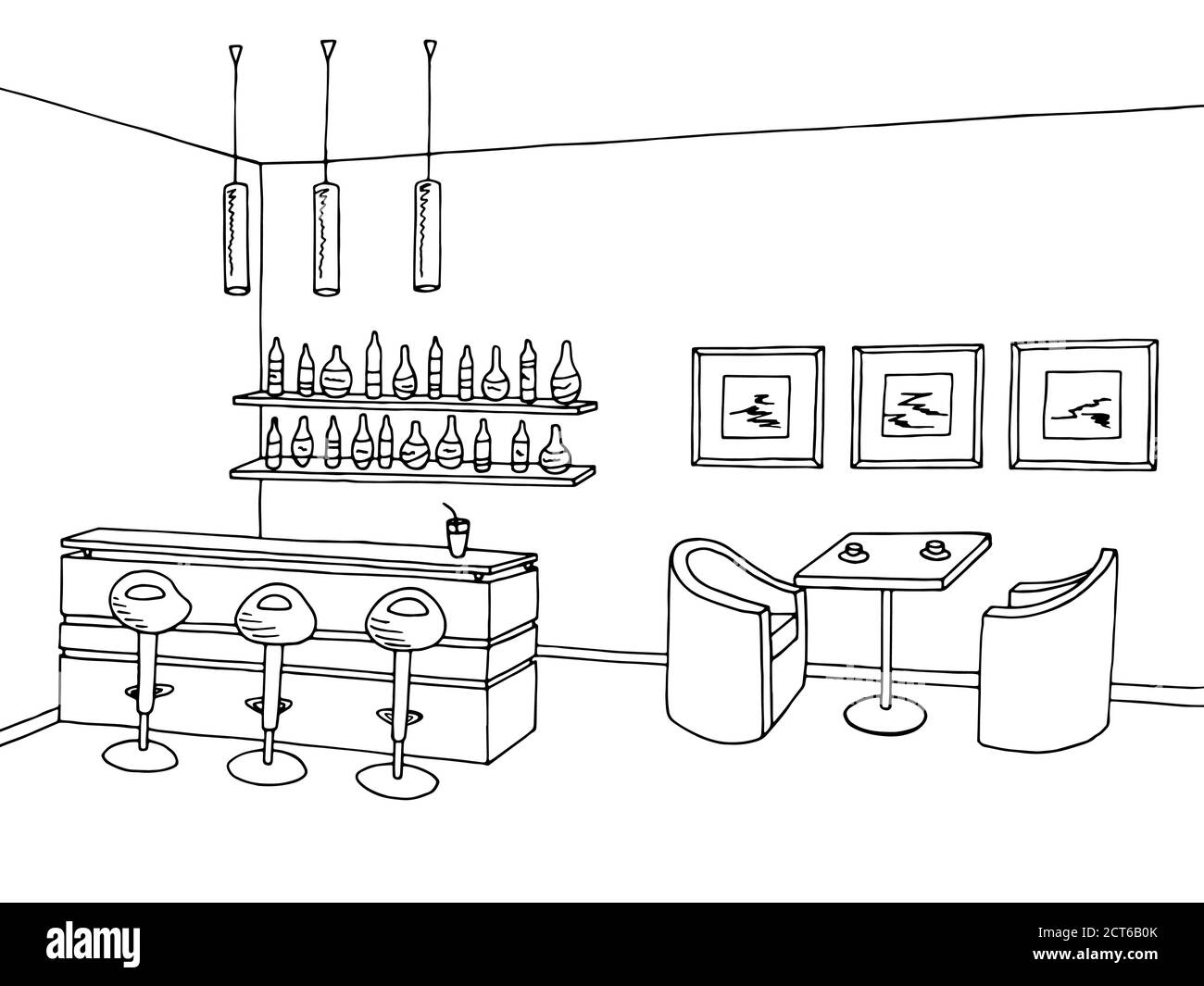 Café Bar Interieur Grafik Kunst schwarz weiß Skizze Illustration Vektor Stock Vektor