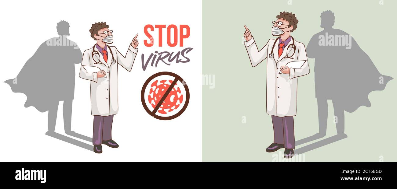 Superhelden Aktion Figur Mann in medizinische Maske Angriff Coronavirus. Stop Coronavirus (covid-19) Vektordarstellung. Lasst uns das Coronavirus-Symbol bekämpfen. Epi Stock Vektor