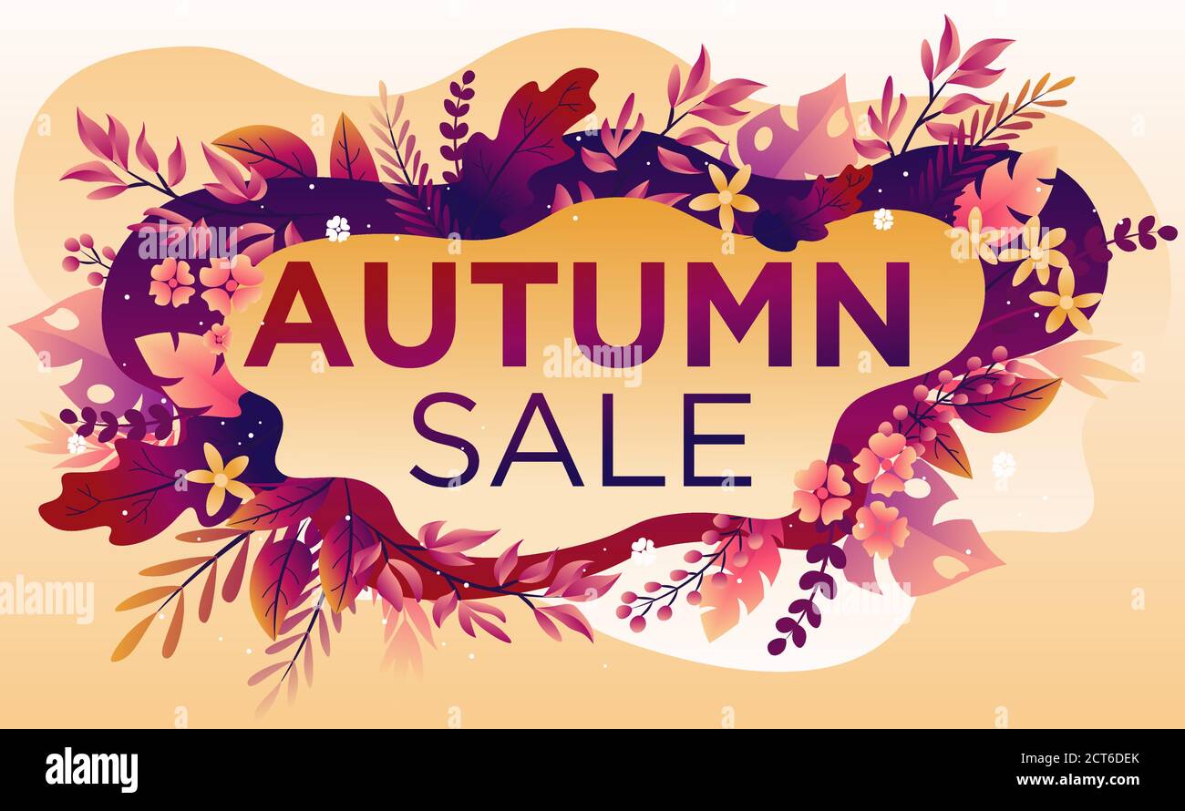 Trendy Herbst-Verkaufsposter mit gradienten hellen Herbstlaub aus Ahorn, Eiche, Ulme und Kastanie. Stock Vektor