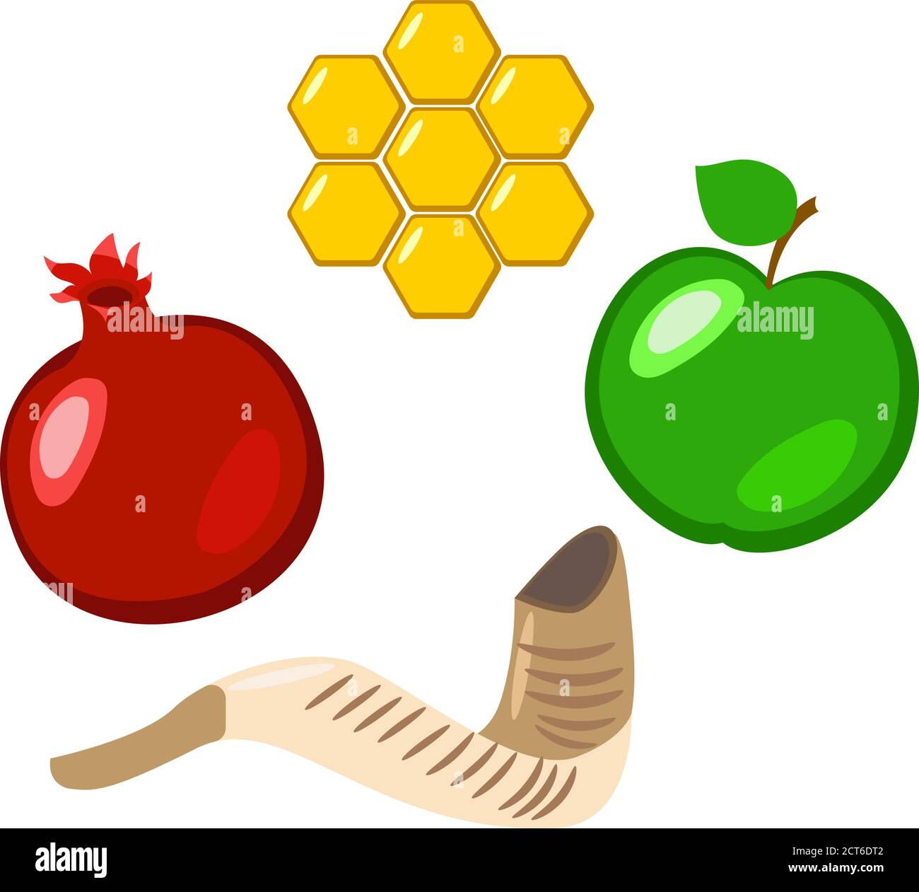 Rosh Hashanah. Granatapfel, Apfel, kalkige Waben, Schofar - Hammelhorn. Stock Vektor