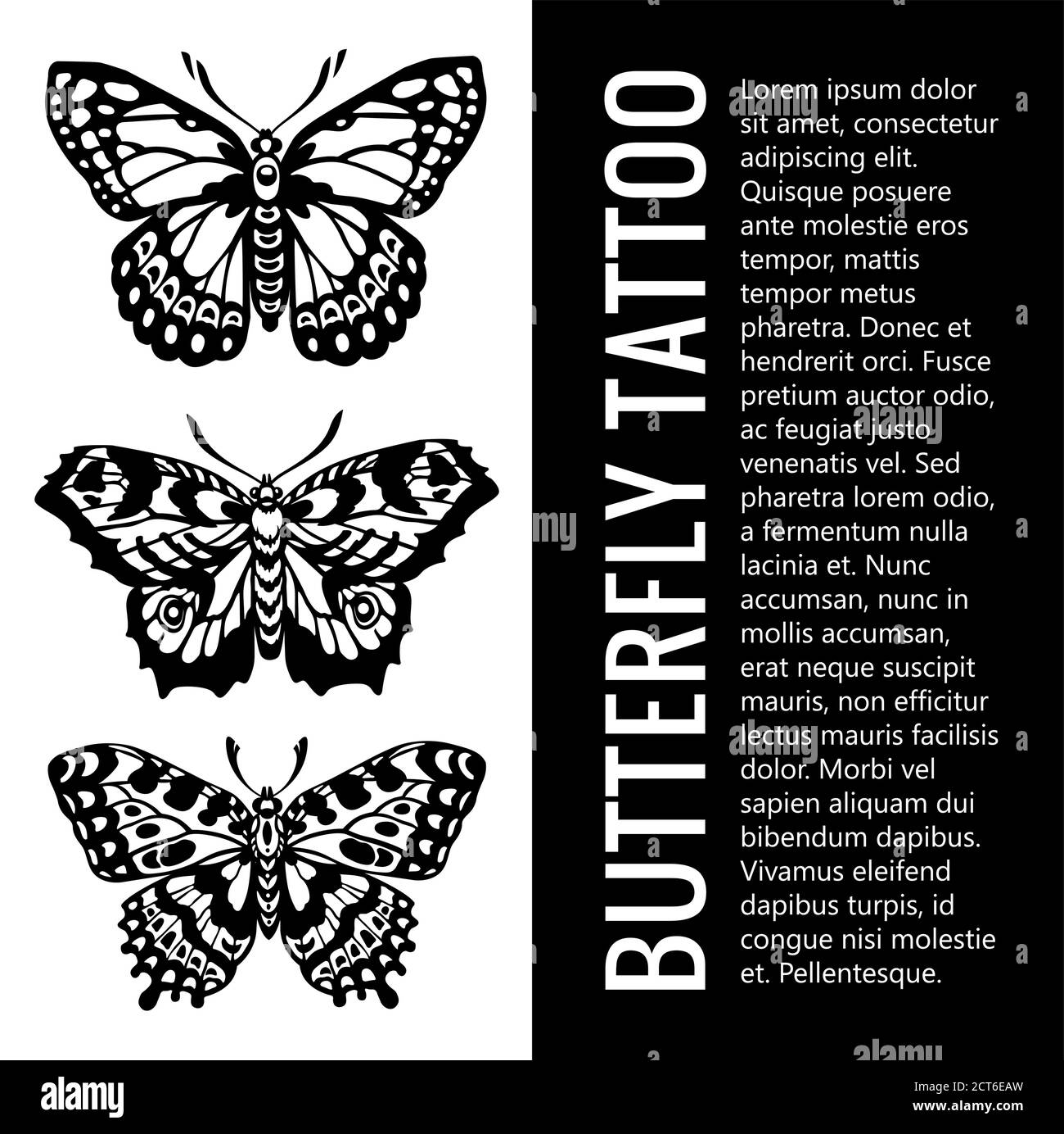 Banner für Tattoo-Salon. Schöner Geflügelter Schmetterling. Set Schmetterling Tattoos. Mystisches Symbol der Freiheit. Illustration zur Gestaltung des T-Shirts, Plakat Stock Vektor
