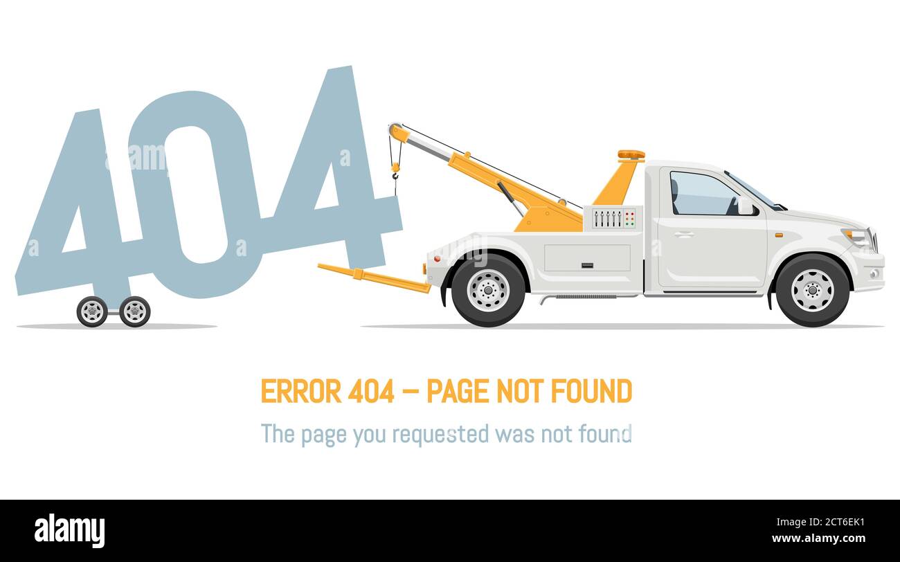 404 Fehlerseite nicht gefunden Design mit Abschleppwagen auf weißem Hintergrund. Webseitenbanner, Vektordarstellung für Suchergebnisse. Stock Vektor