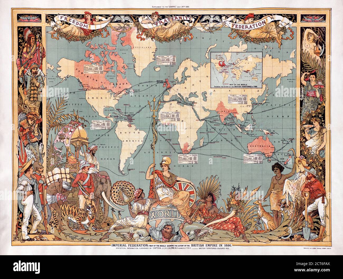 Karte der Welt, die das Ausmaß des Britischen Imperiums im Jahr 1886 zeigt. Die Territorien des Imperiums sind rot markiert. Die Karte wurde als Ergänzung in der Ausgabe vom 24. Juli 1886 der britischen Illustrierten Wochenzeitung The Graphic aufgenommen. Stockfoto