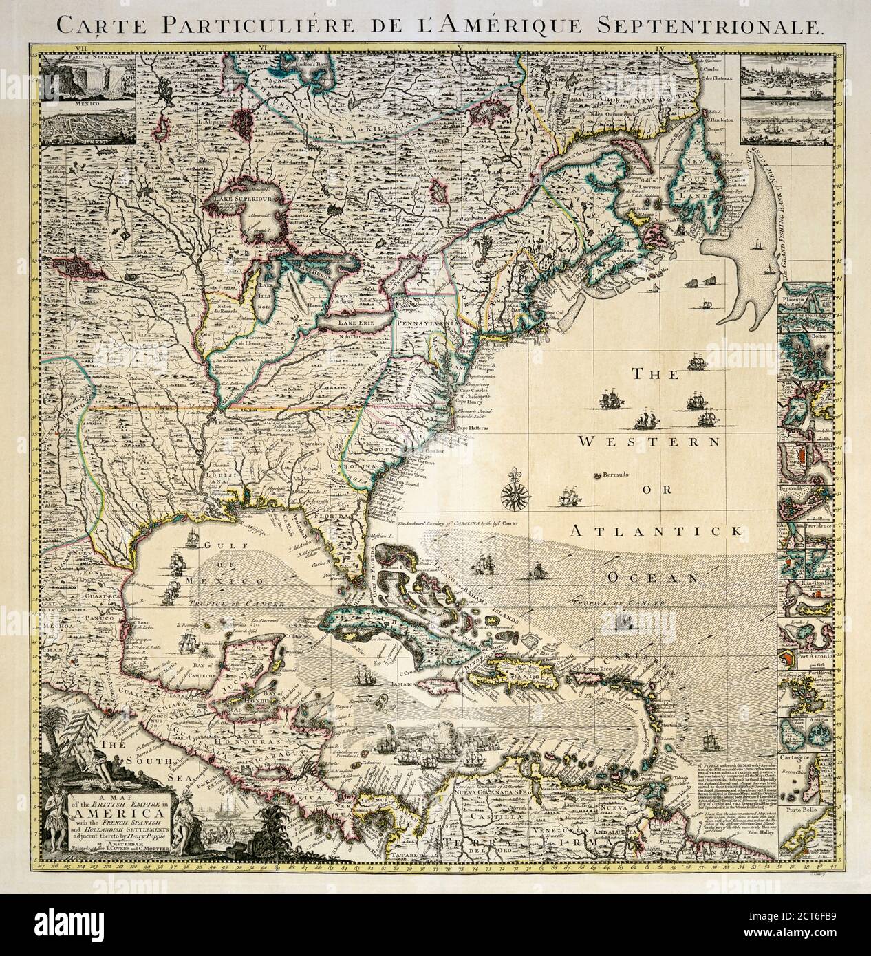 Eine Karte des Britischen Imperiums in Nordamerika aus der Mitte des 18. Jahrhunderts, die auch französische, spanische und niederländische Siedlungen zeigt. Nach einem Werk des britischen Kartographen Henry Popple, ? - gestorben 1743. Dies ist eine spätere Ausgabe von Popple’s Karte, veröffentlicht von Covens und Mortier in Amsterdam, um 1750. Stockfoto