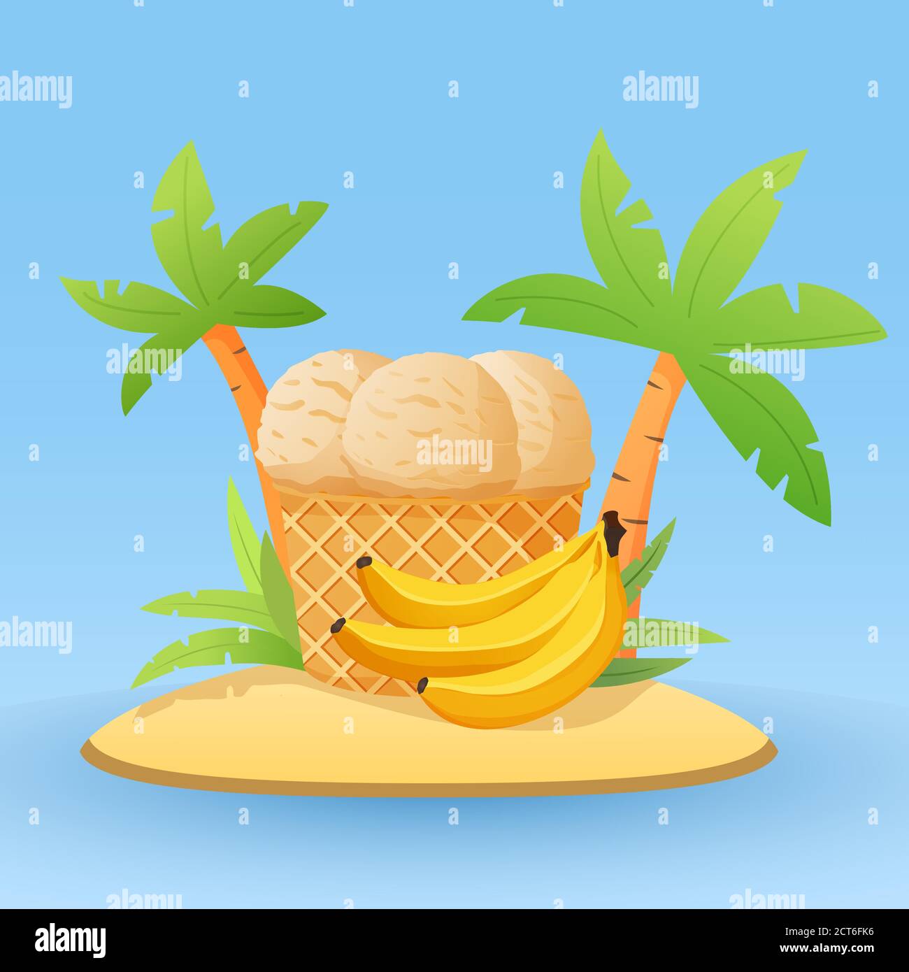 Bananeneis in Waffelkegel.Konzept des Banners mit tropischen Insel und Palmen. Stock Vektor