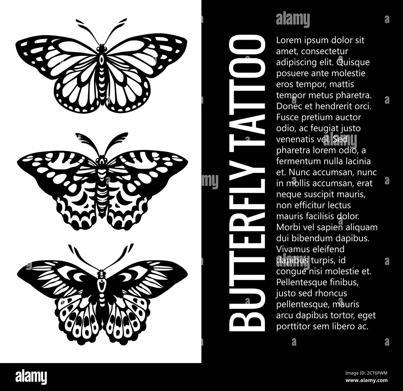 Schöner Geflügelter Schmetterling. Sammlung von Schmetterling Tattoos . Mystisches Symbol der Freiheit.Es kann für die Gestaltung von Tattoo, T-Shirt, Tasche, Tasse verwendet werden, Stock Vektor