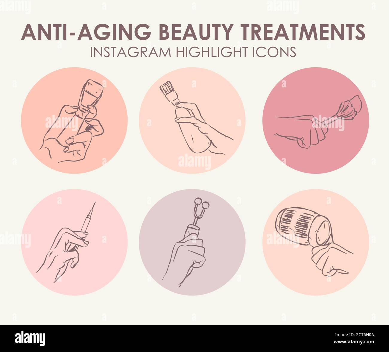 Instagram hebt Geschichten hervor. Bearbeitbare Liniensymbole. Make-up, Mode, Anti-Aging kosmetische Verfahren, ideal für Blogger, Kosmetik Werbedesigner Stock Vektor