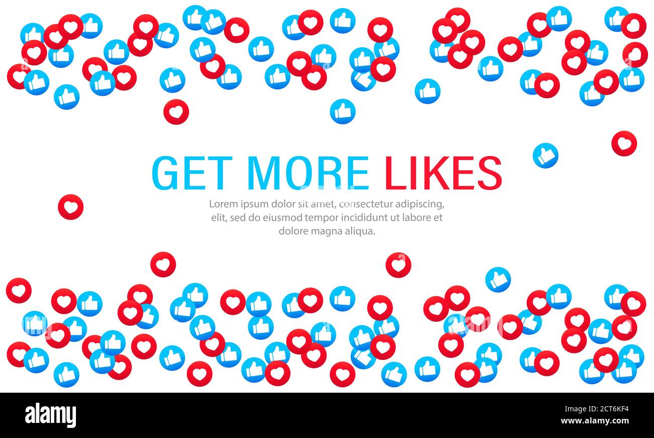 Mehr „Gefällt mir“-Banner. Blaue und rote Herzen. Soziale Netzwerke. Vektor auf isoliertem weißem Hintergrund. EPS 10. Stock Vektor