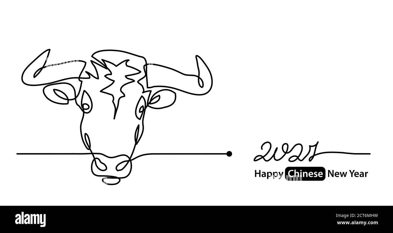Einfaches 2021 Happy Chinese New Year Vektor-Banner, Hintergrund. Konzept mit weißem Ochsen, Kuh, Stierkrug oder Gesicht. Eine fortlaufende Linienzeichnung Stock Vektor