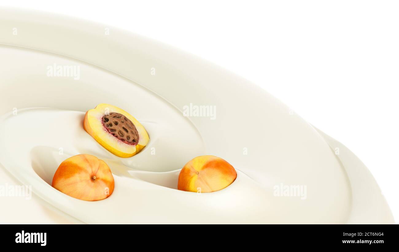Pfirsich schweben in einem Joghurt Präsentation von Milchprodukten gewürzt 3d-Renderbild Stockfoto