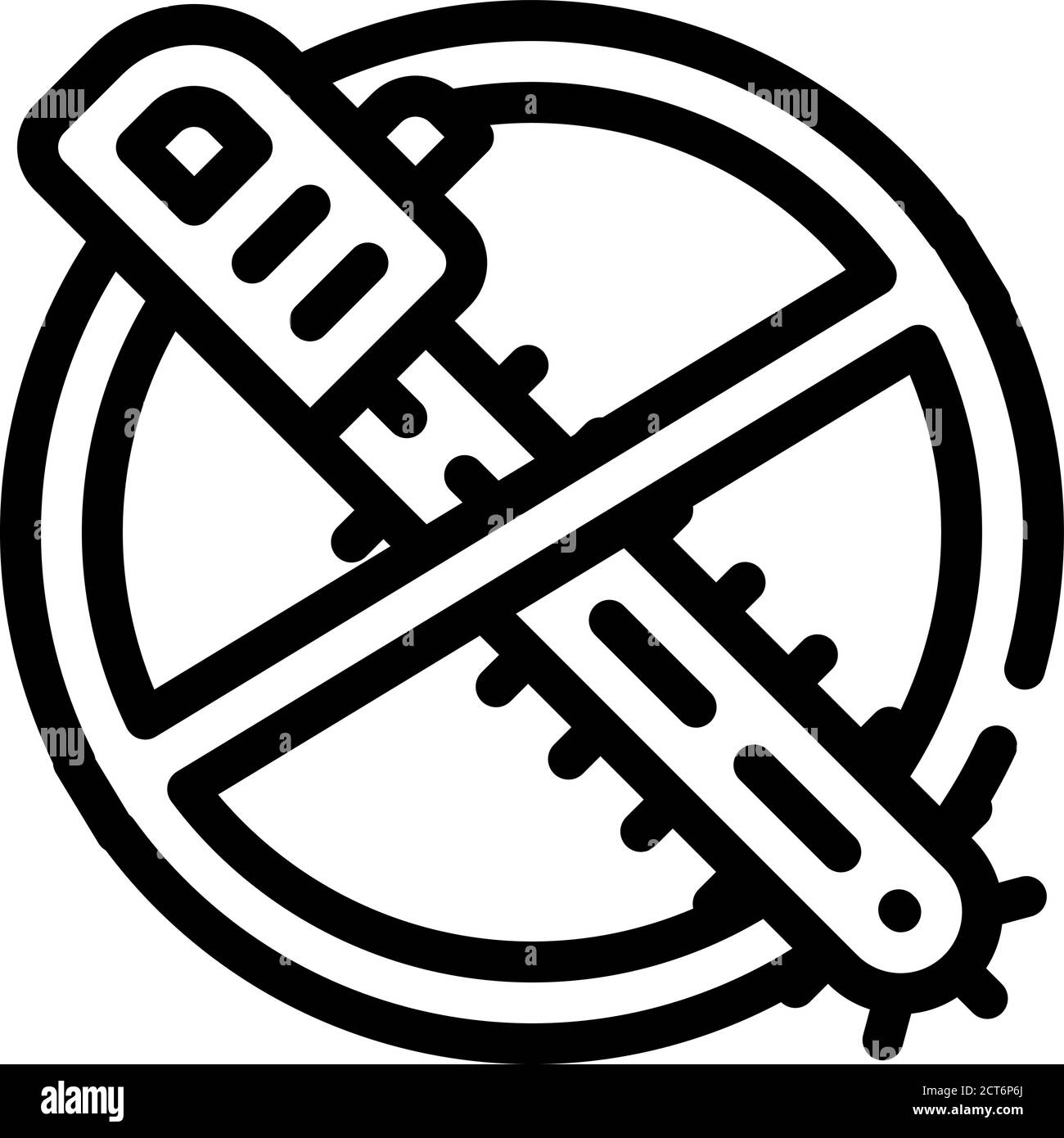 Stop Entwaldung, durchgestrichen Kettensäge Linie Symbol Vektor-Illustration Stock Vektor