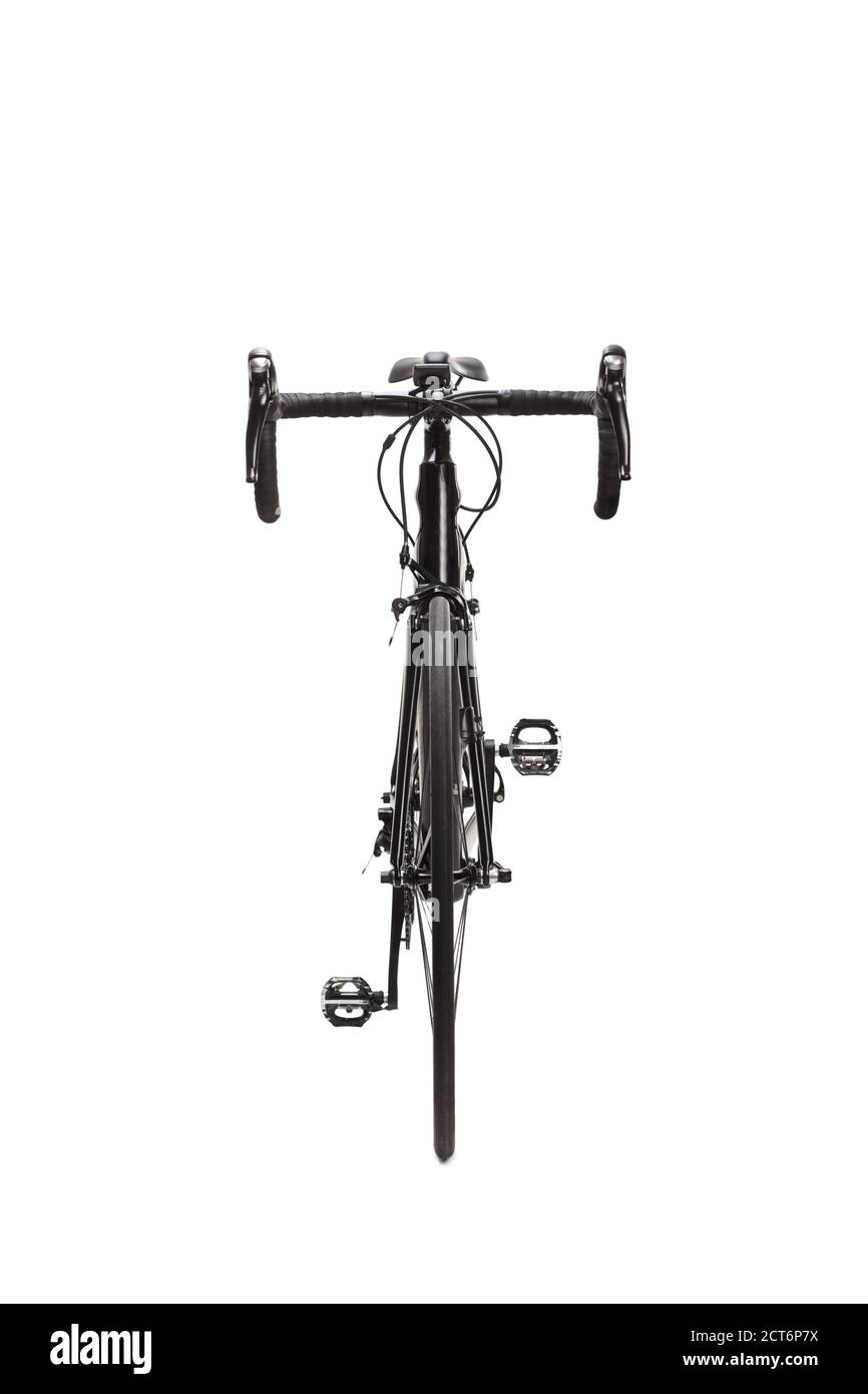 Frontaufnahme eines Custom Black Road Fahrrad isoliert auf Weißer Hintergrund Stockfoto