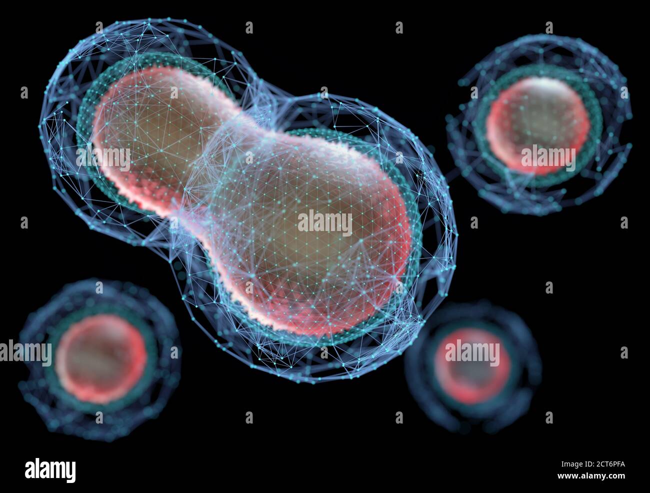 Biotechnologie oder Biotechnologie, Konzept der Schöpfung, Teilung und zelluläre Entwicklung. Hochorganische Technologie mit produktiven Zwecken. Stockfoto