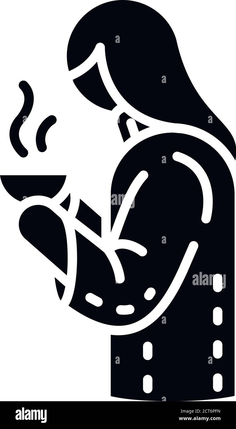 Mädchen mit heißem Getränk in Tasse schwarz Glyphe Symbol Stock Vektor