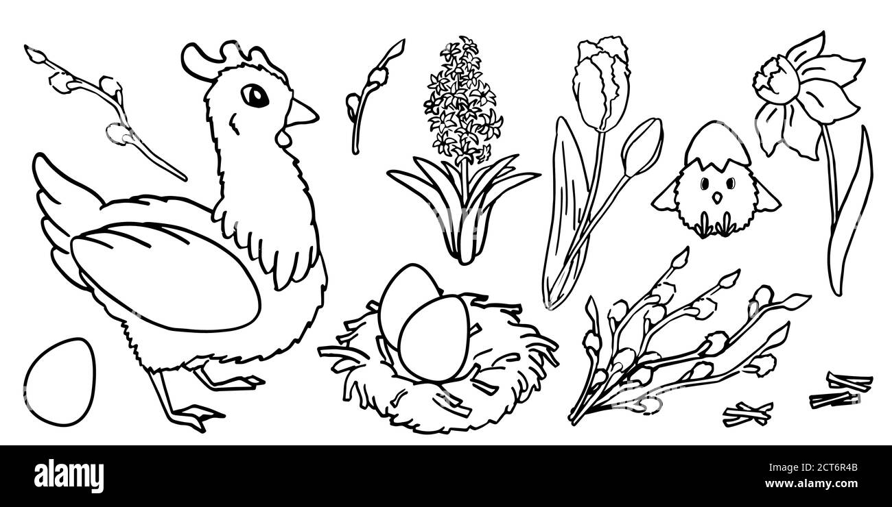 Schwarzer Strichaufkleber auf weißem isoliertem Hintergrund. Ostermaskotten für Einladung oder Geschenkkarte, Notizbuch, Badetuch, Farbbuch. Telefontasche oder Tuch PR Stock Vektor