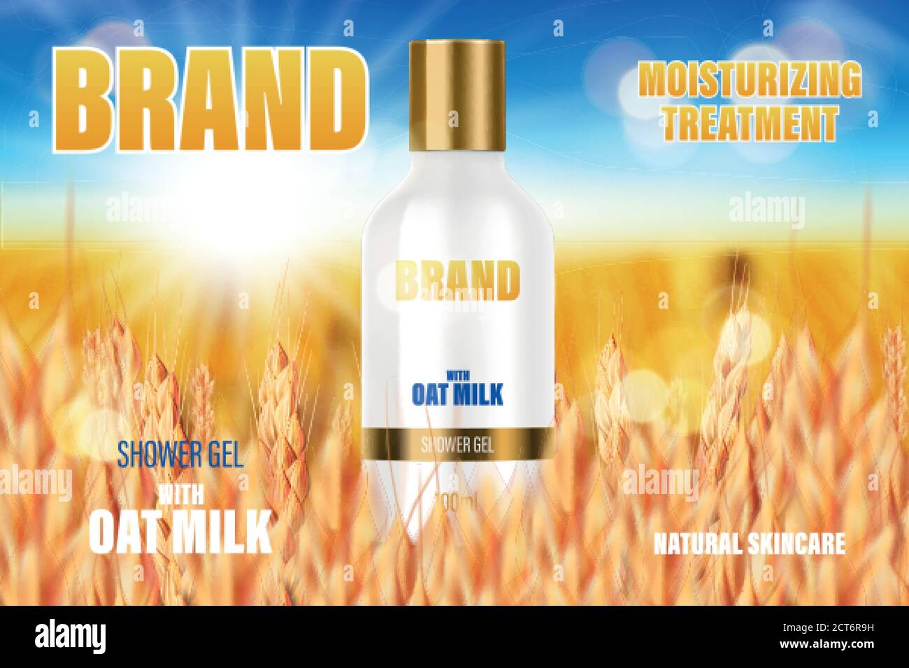 Shampoo oder Duschgel mit Hafermilch. Design der Plastikflasche. Lotion Badpflege Poster Anzeige. Realistische 3d-Darstellung Stock Vektor