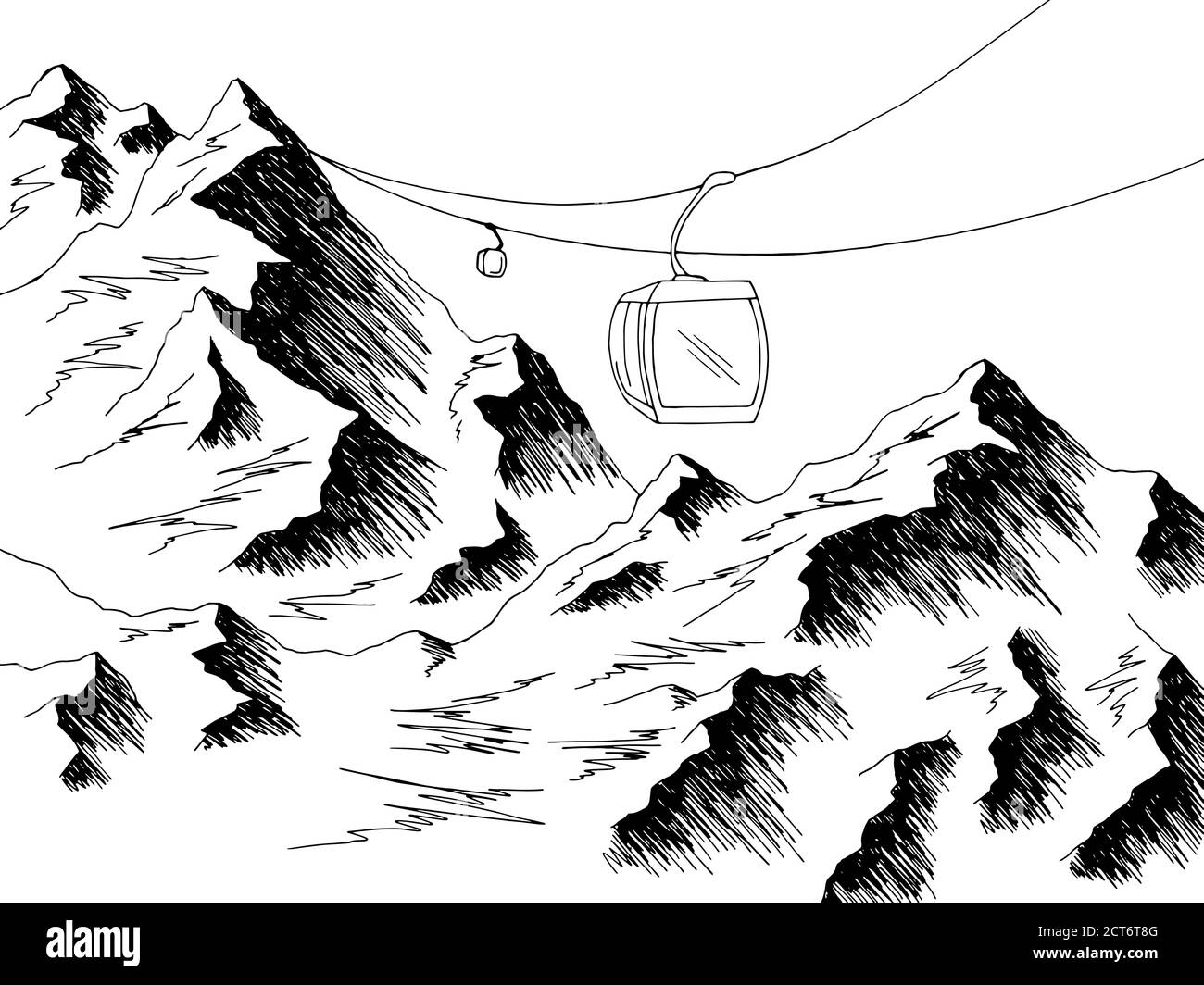 Cable Car Grafik Berg schwarz weiß Landschaft Skizze Illustration Vektor Stock Vektor
