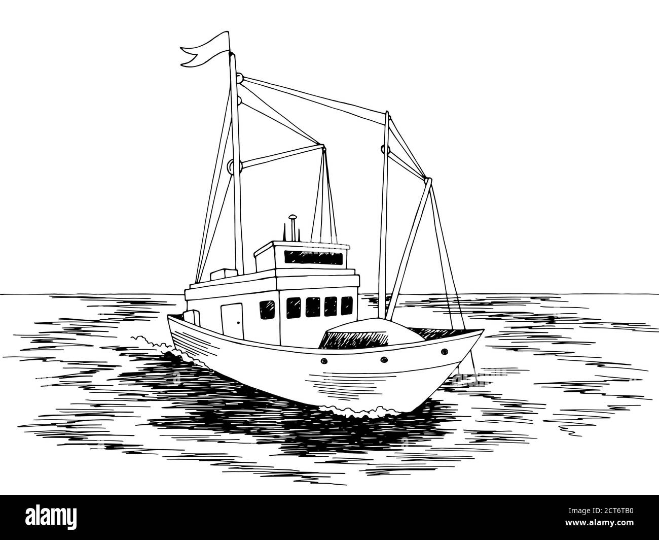 Fischerschiff Grafik schwarz weiß Meer Skizze Illustration Vektor Stock Vektor