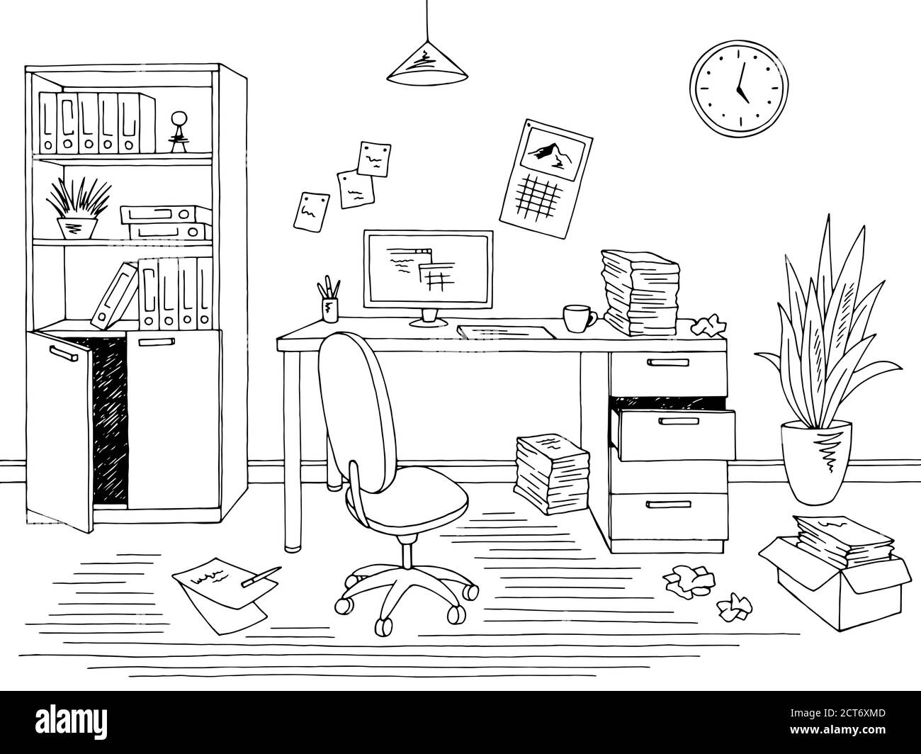 Office Mess Grafik schwarz weiß Innenraum Skizze Illustration Vektor Stock Vektor