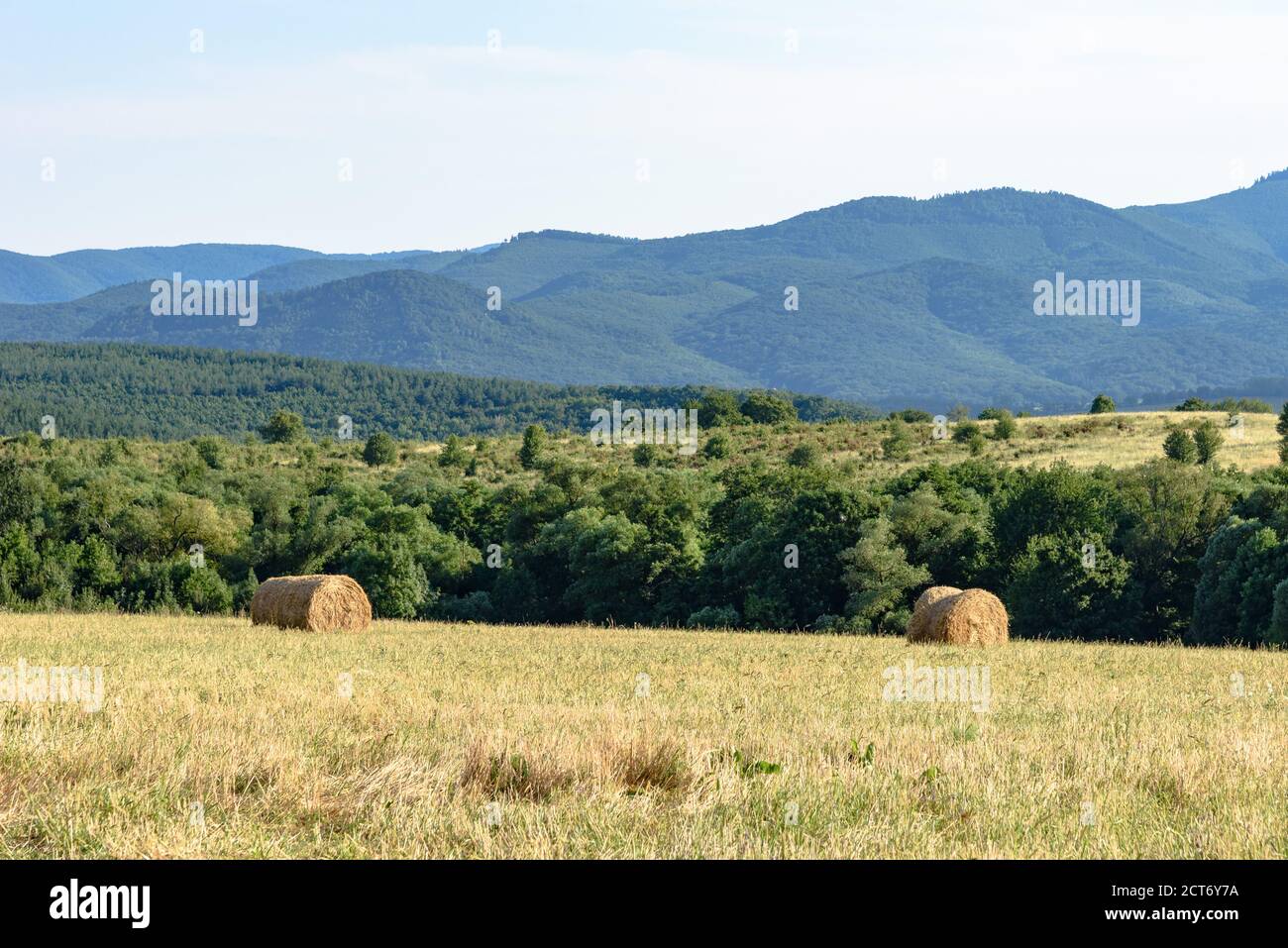 Heuballen auf einem Feld in Fuzer, Nordungarn Stockfoto