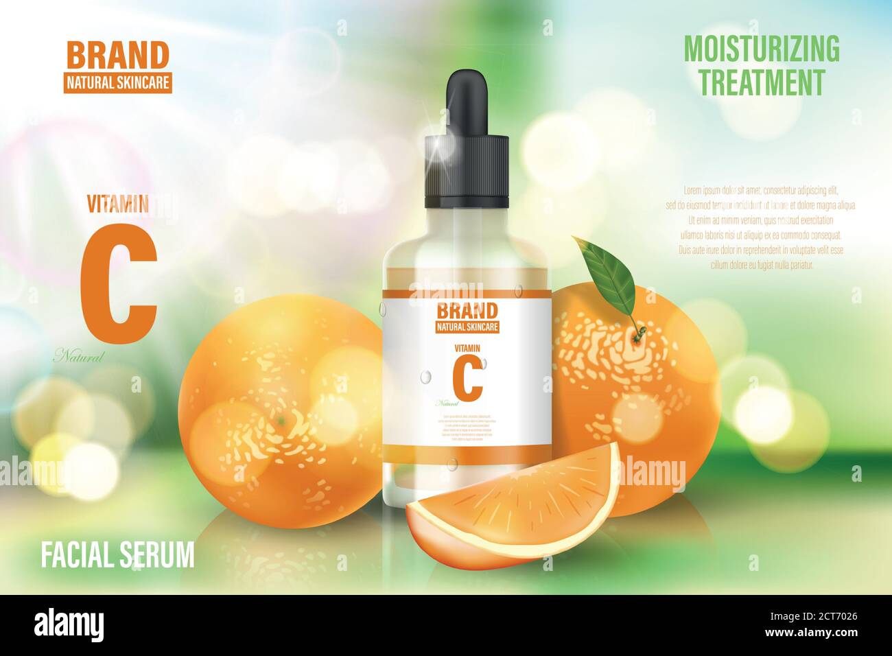 Luxus kosmetische Poster Anzeige. Realistisches Glas Serum Flasche auf Bokeh Hintergrund mit Vitamin C und Orange. Banner für die Gesichtspflege. Realistisches 3d Stock Vektor