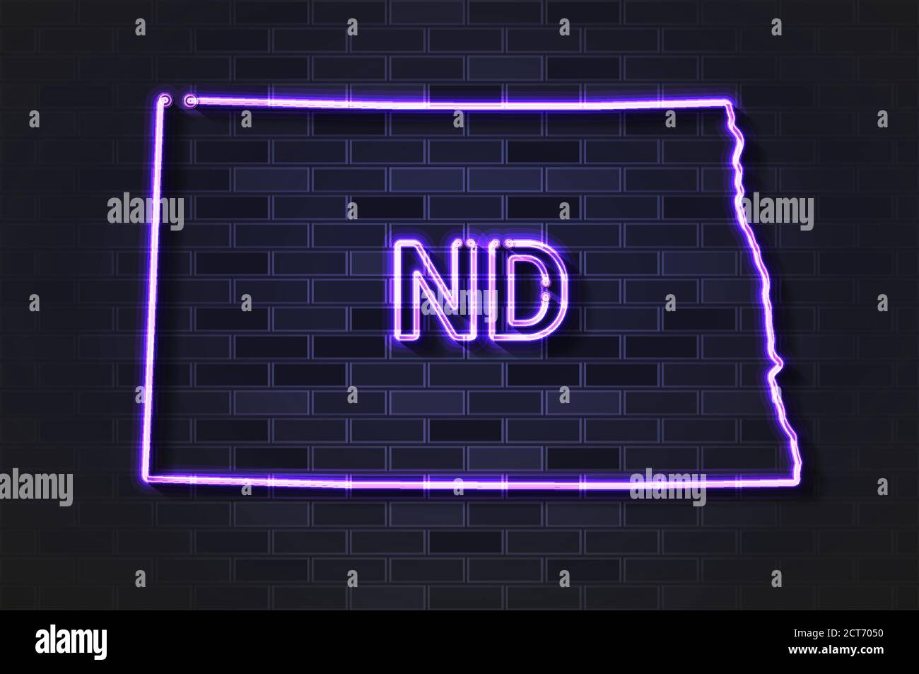 North Dakota Karte glühende Neonlampe oder Glasröhre auf Eine schwarze Ziegelwand Stock Vektor