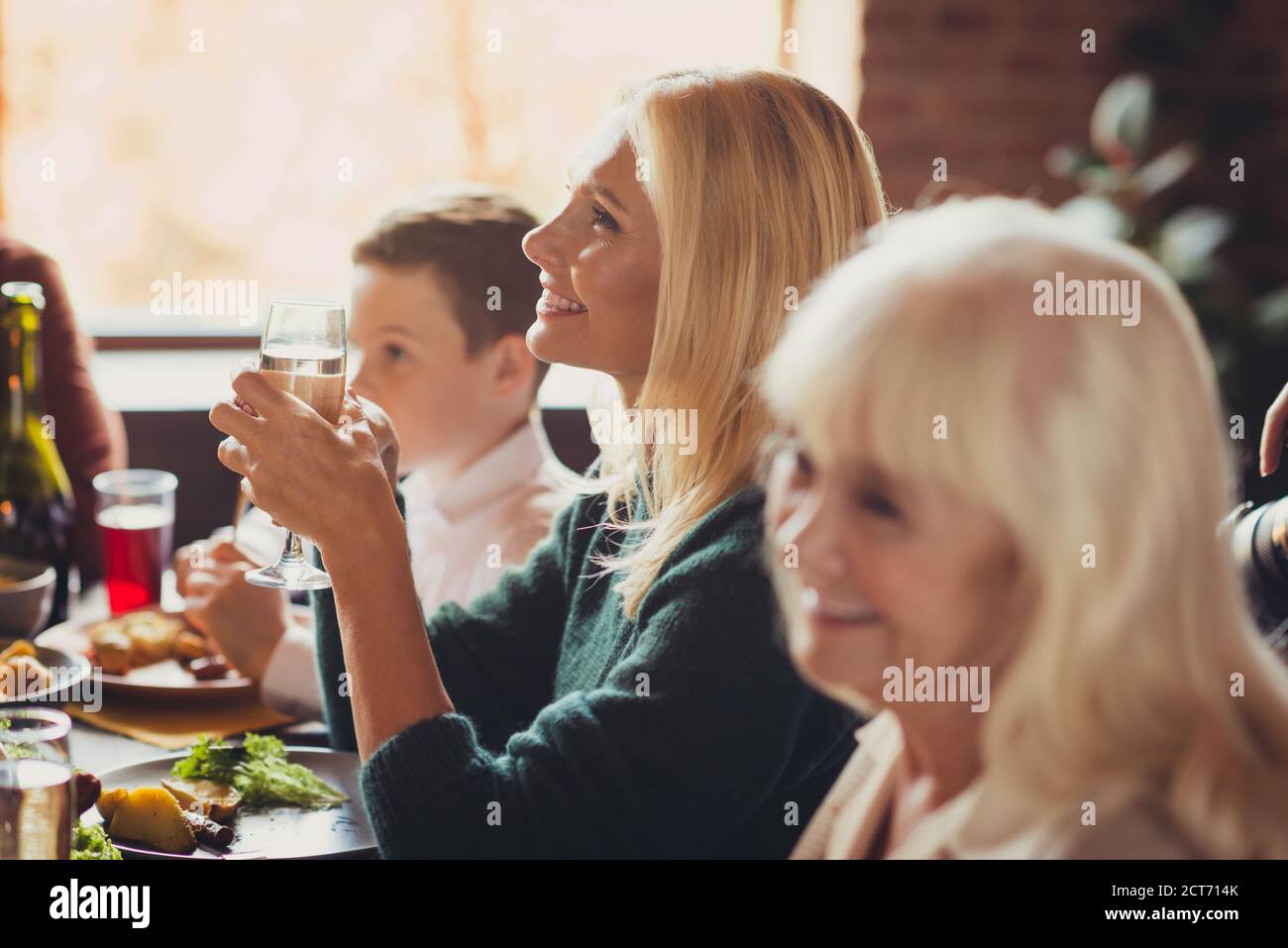 Alte schöne Großmütter kommunizieren Verwandten hören Toast Thanksgiving Dinner House Wohnzimmer drinnen Stockfoto