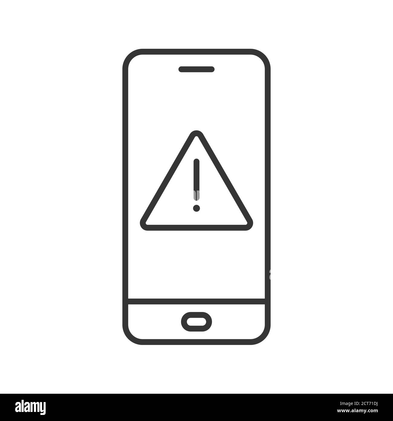 Smartphone mit Hinweissymbol. Alarmzeichen auf dem Bildschirm des Geräts. Schwarzes lineares Symbol isoliert. Vektorgrafik. Smartphone mit Vorsicht-Symbol Stock Vektor