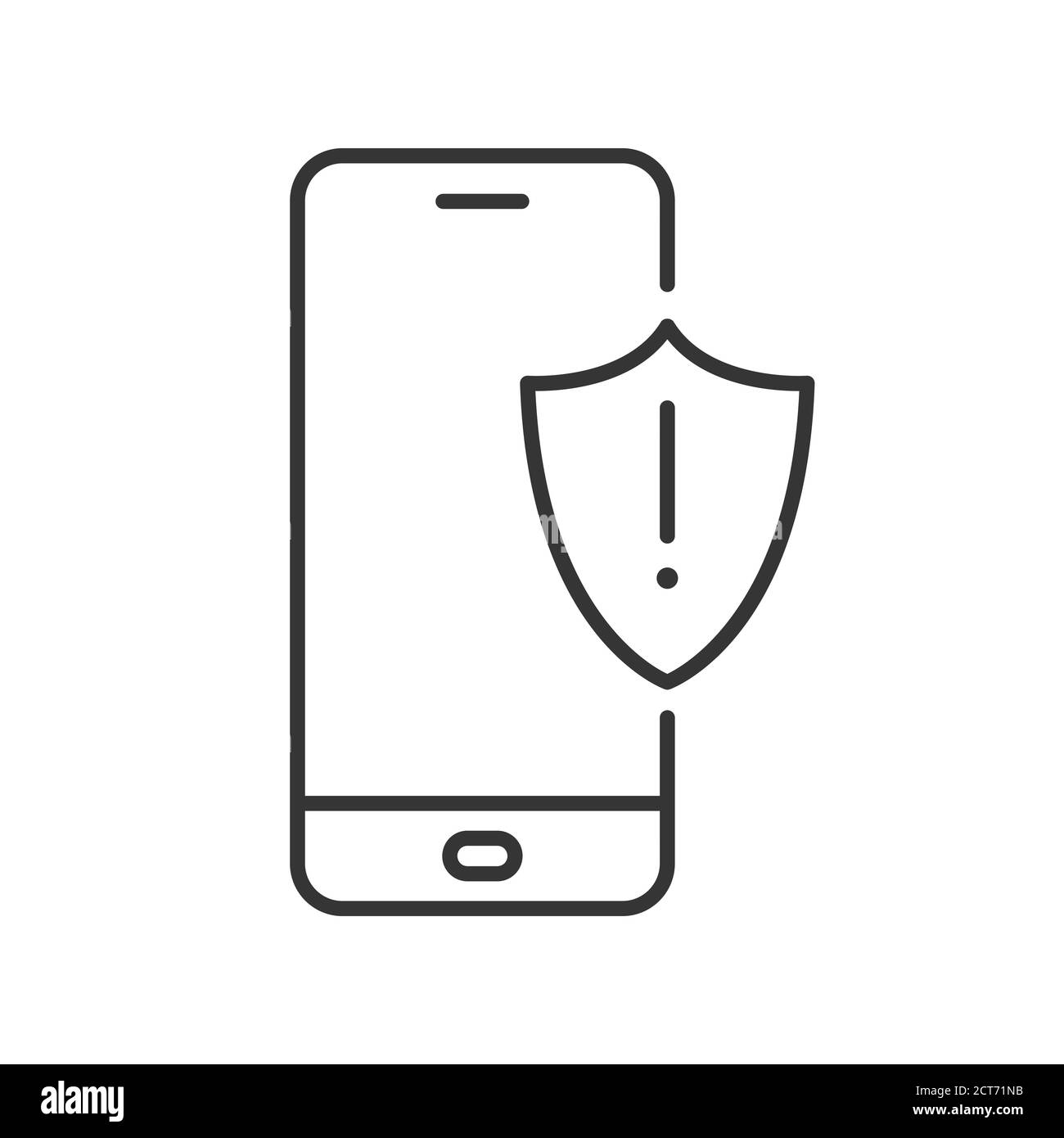 Smartphone mit Shield-Symbol. Alarmzeichen auf dem Bildschirm des Geräts. Schwarzes lineares Symbol isoliert. Vektorgrafik. Smartphone mit Schutzsymbol Stock Vektor