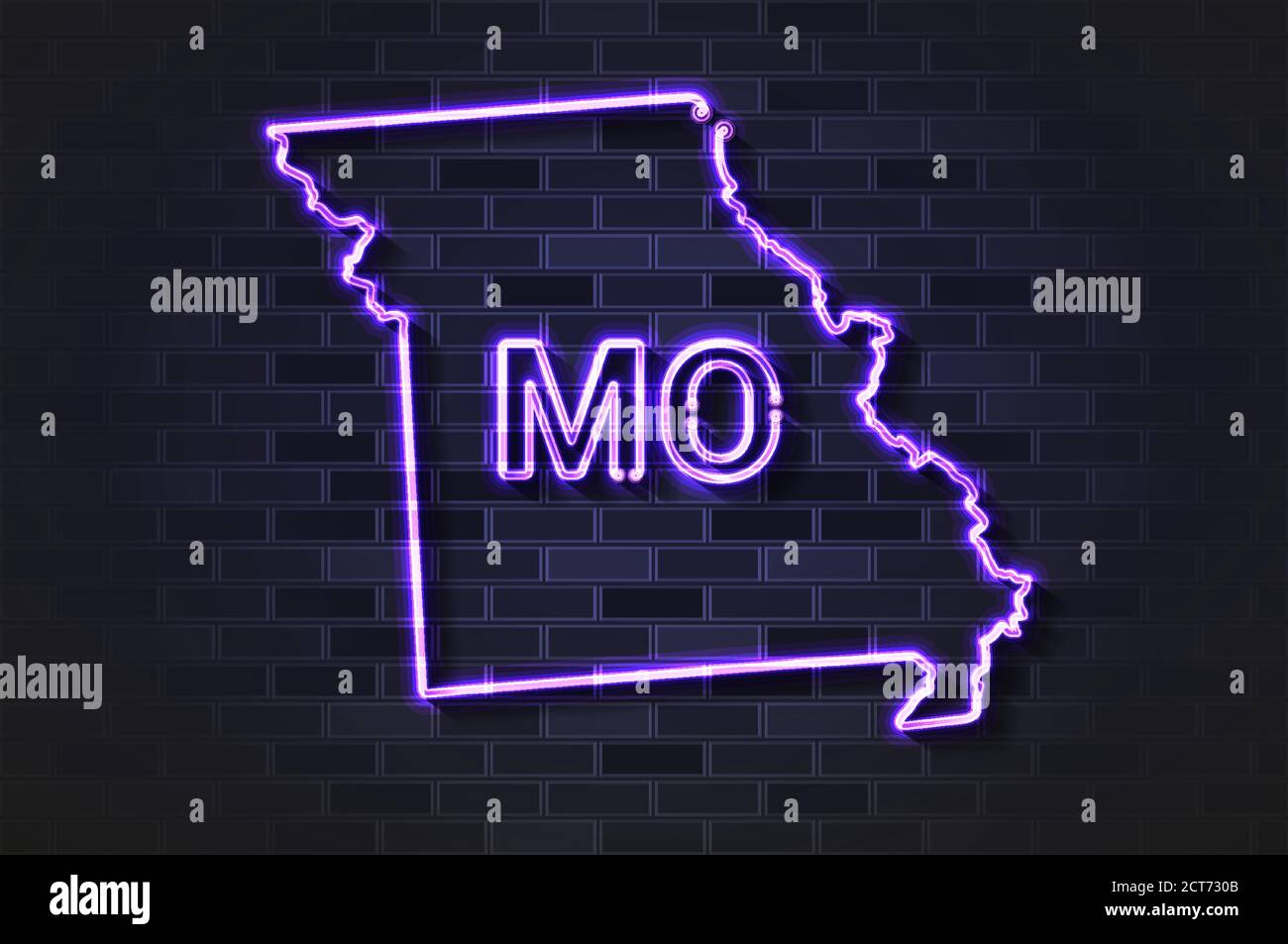 Missouri Karte glühende Neonlampe oder Glasröhre auf einem Schwarze Ziegelwand Stock Vektor